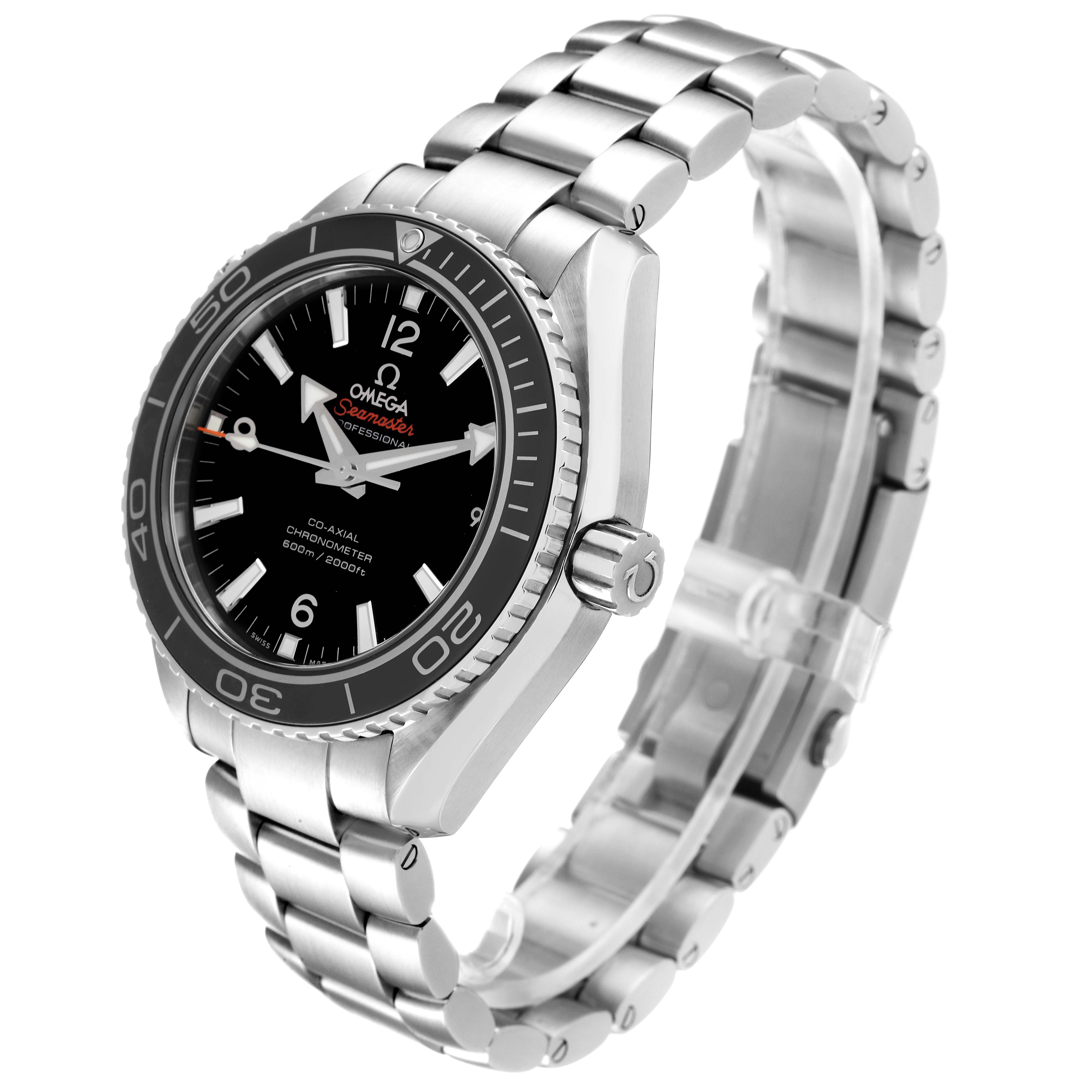 The image shows an Omega Planet Ocean 232.30.42.21.01.003 Men
s Stainless Steel Black Dial 232.30.42.21.01.003 Men
s Stainless Steel Black Dial watch at a three-quarter angle, highlighting its face, bezel, crown, and bracelet.