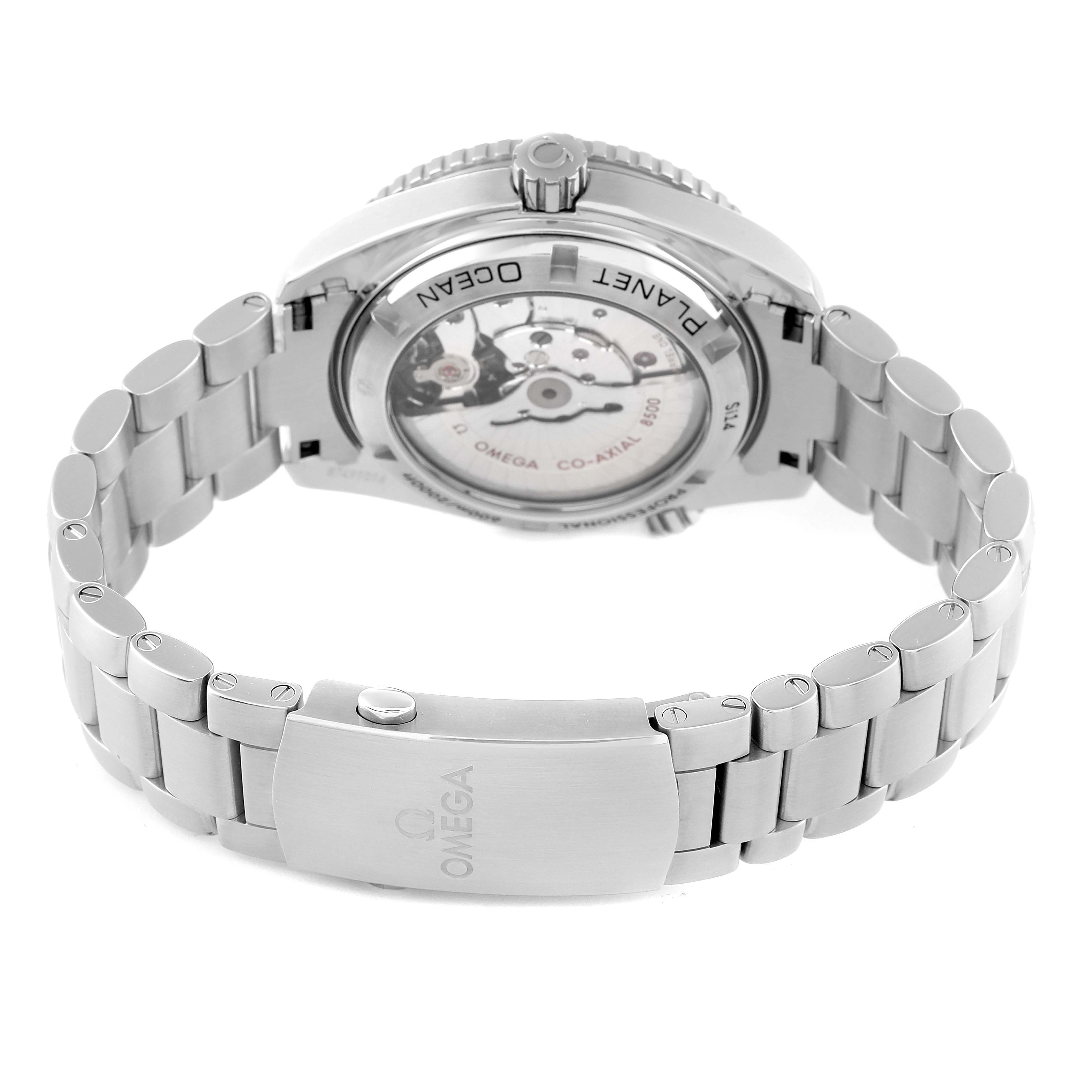 The image shows the back view of the Omega Planet Ocean 232.30.42.21.01.003 Men
s Stainless Steel Black Dial 232.30.42.21.01.003 Men
s Stainless Steel Black Dial watch, highlighting the case back and stainless steel bracelet.