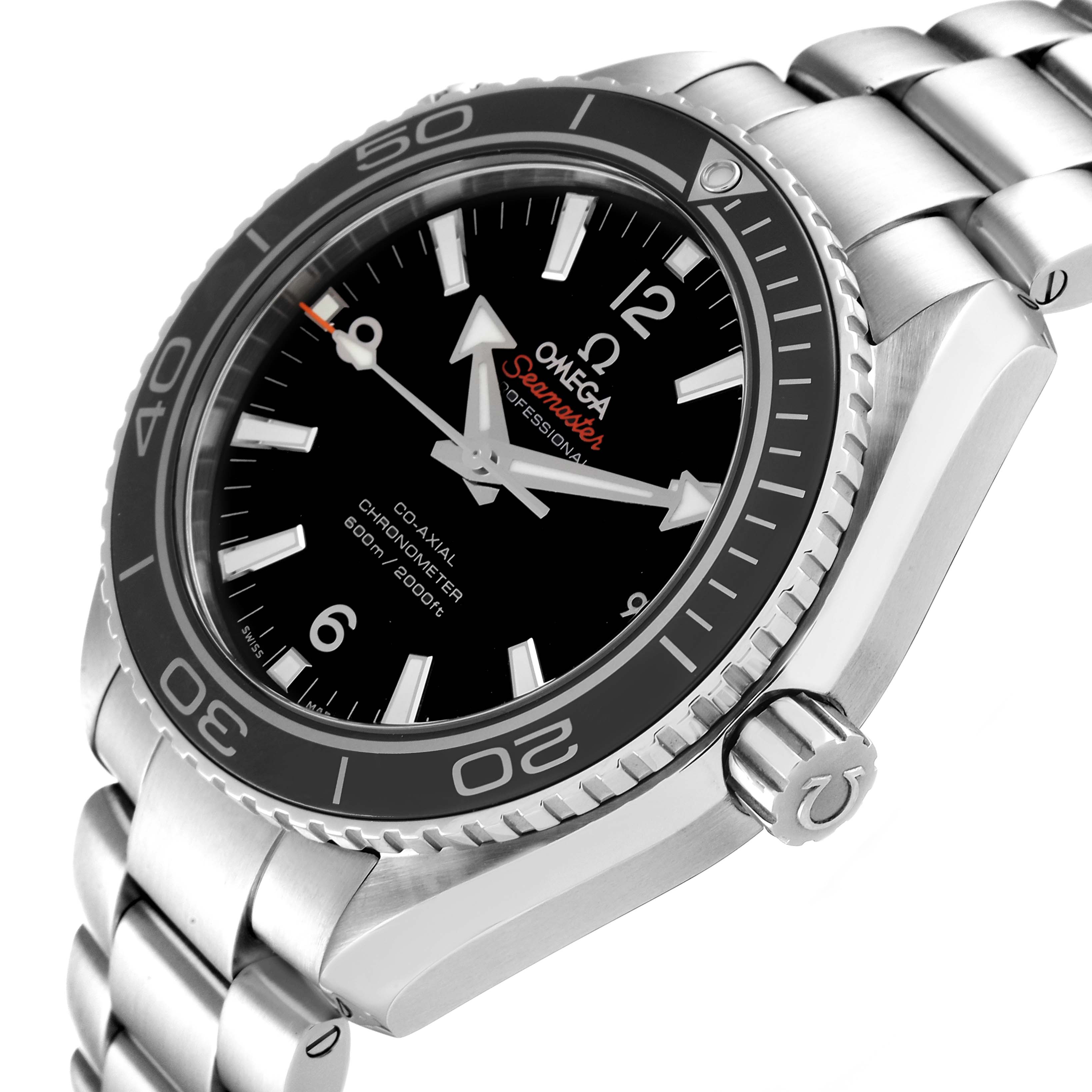 The Omega Planet Ocean 232.30.42.21.01.003 Men
s Stainless Steel Black Dial 232.30.42.21.01.003 Men
s Stainless Steel Black Dial watch is shown from a front-side angle, highlighting the face, bezel, crown, and part of the bracelet.