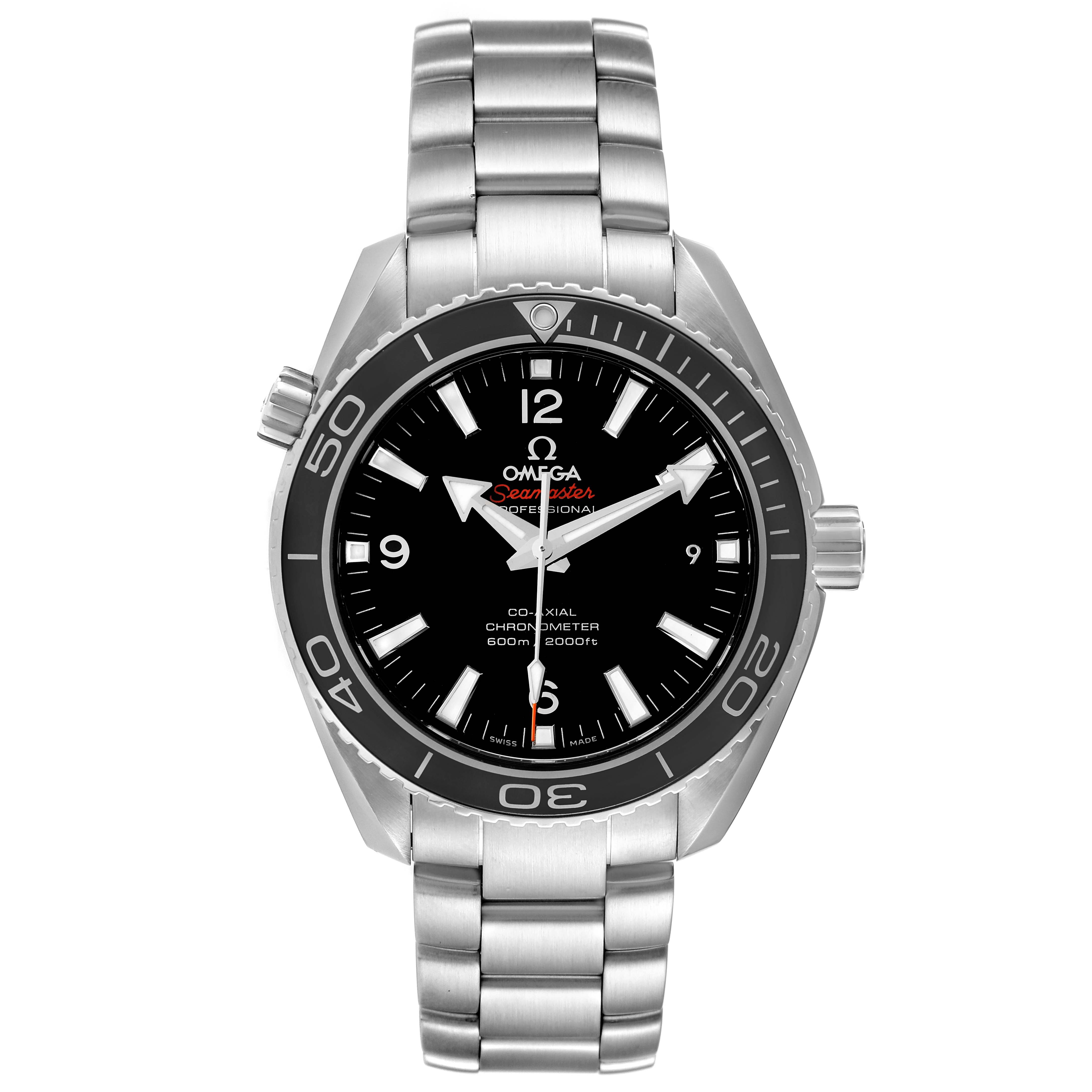 The image displays a front view of the Omega Planet Ocean 232.30.42.21.01.003 Men
s Stainless Steel Black Dial 232.30.42.21.01.003 Men
s Stainless Steel Black Dial watch, highlighting the dial face, bezel, case, and metal bracelet.