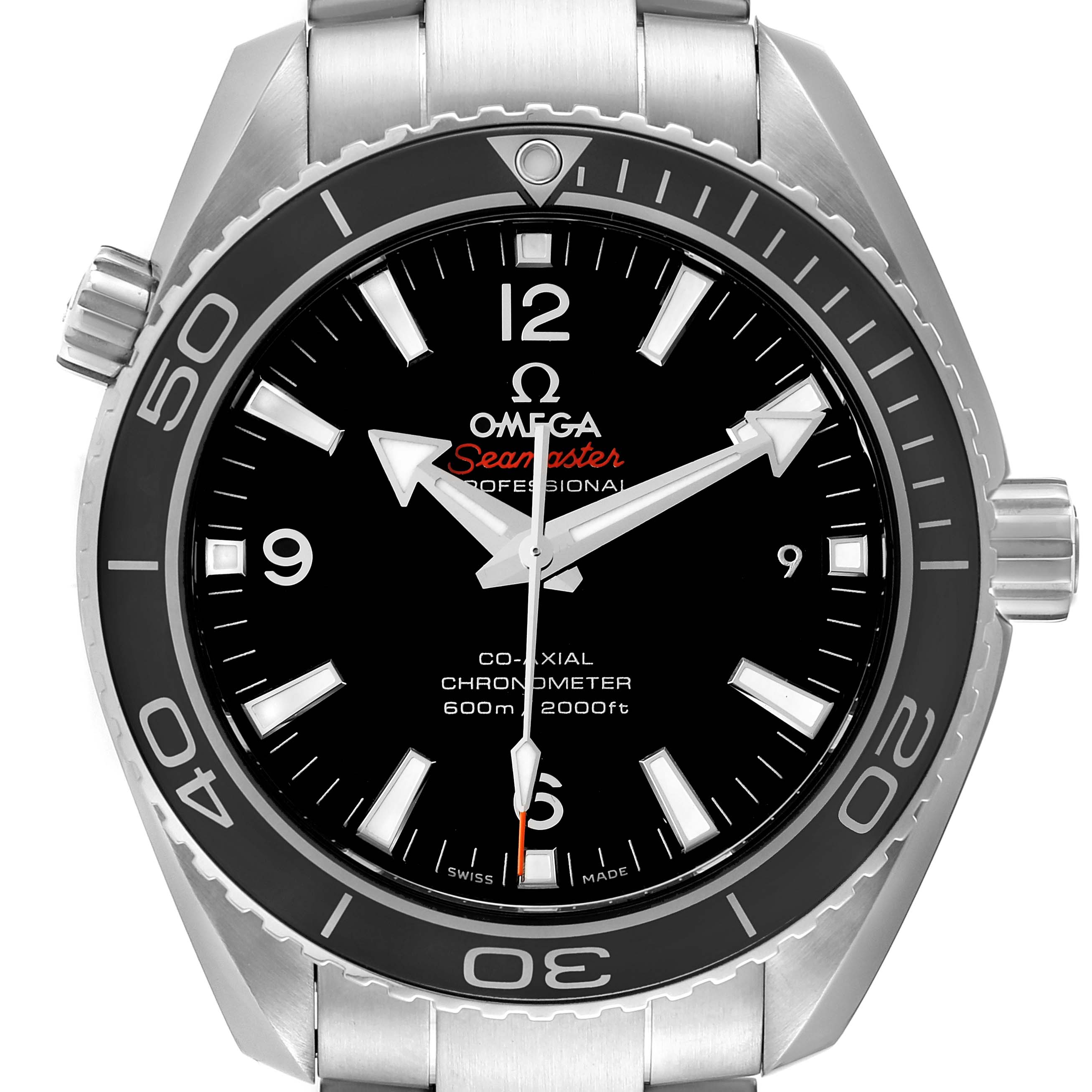 The image shows a front-facing view of the Omega Planet Ocean 232.30.42.21.01.003 Men
s Stainless Steel Black Dial 232.30.42.21.01.003 Men
s Stainless Steel Black Dial Seamaster watch, highlighting its black dial, bezel, and stainless steel bracelet.