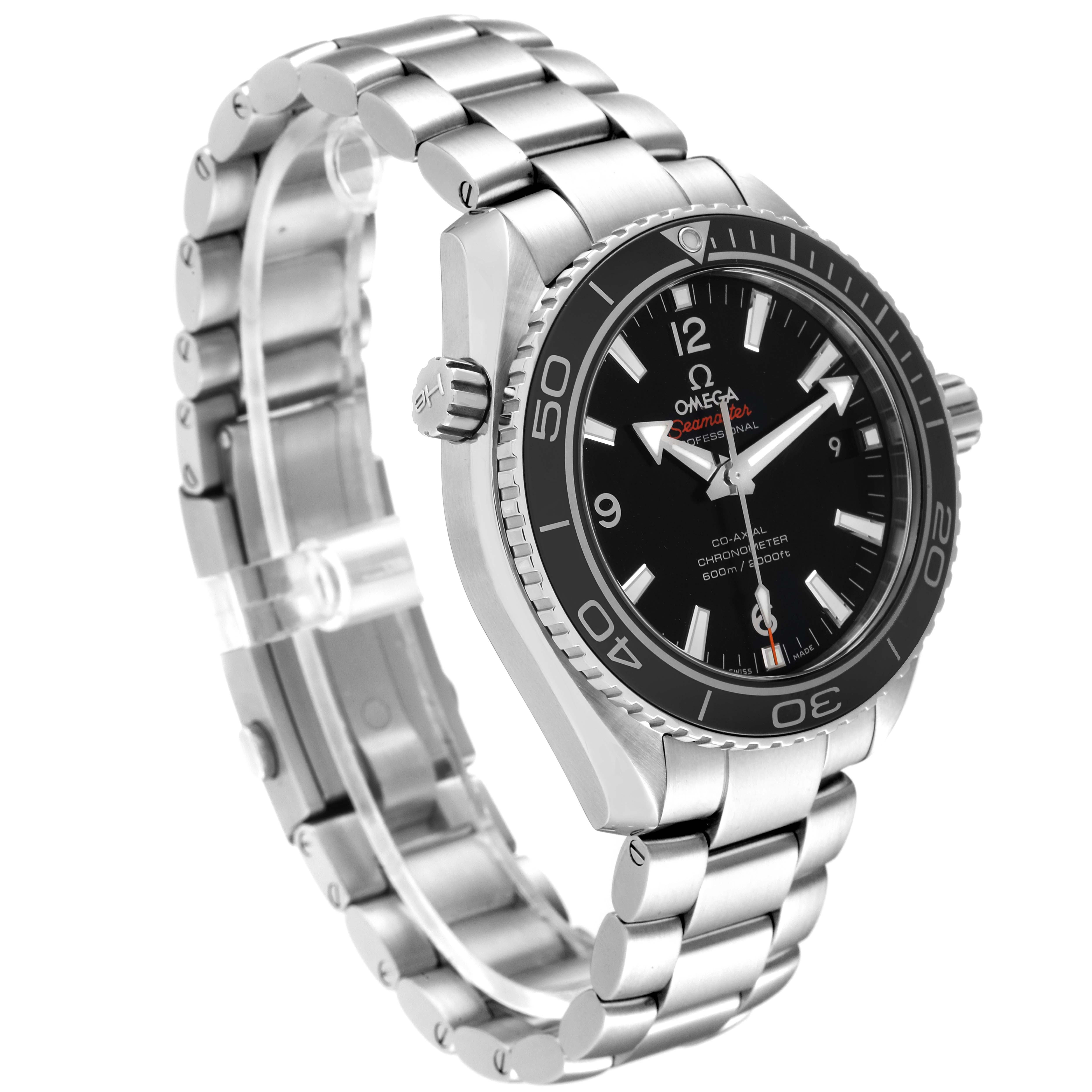 The Omega Planet Ocean 232.30.42.21.01.003 Men
s Stainless Steel Black Dial 232.30.42.21.01.003 Men
s Stainless Steel Black Dial watch is depicted at a three-quarter angle, showcasing its bezel, dial, bracelet, and crown.