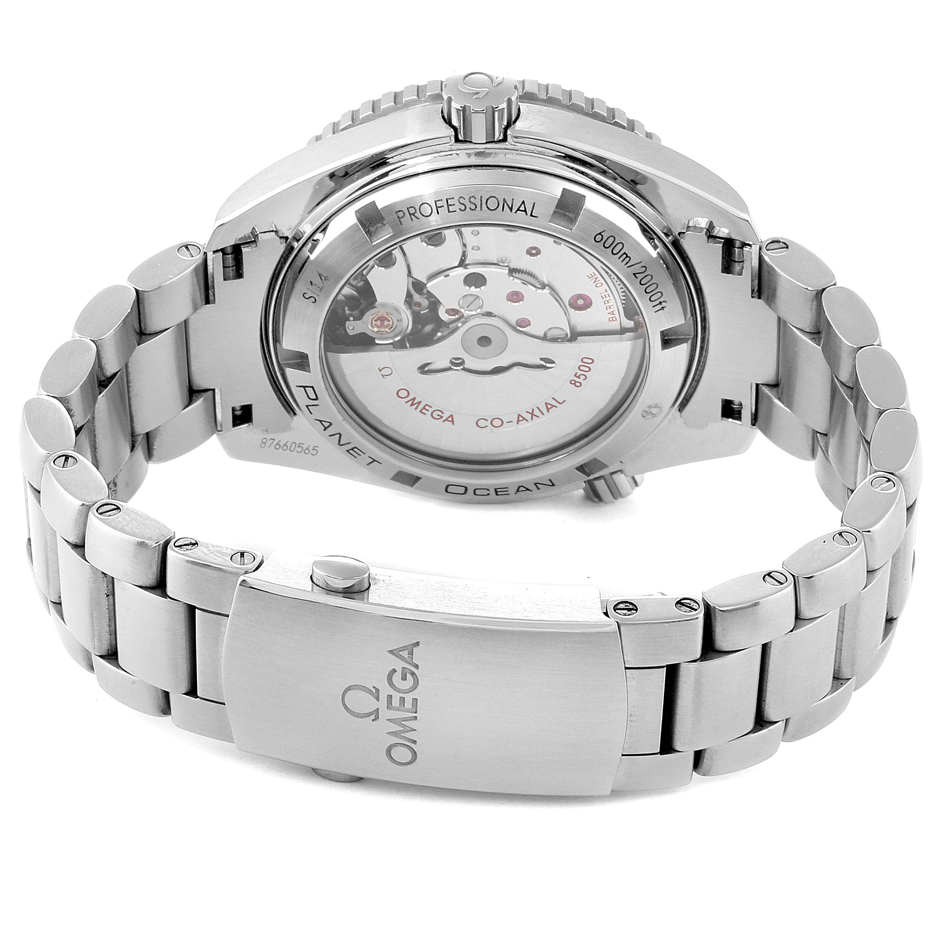 The image shows the back view of the Omega Planet Ocean 232.30.42.21.01.003 Men
s Stainless Steel Black Dial 232.30.42.21.01.003 Men
s Stainless Steel Black Dial watch, highlighting the transparent case back and metal bracelet.