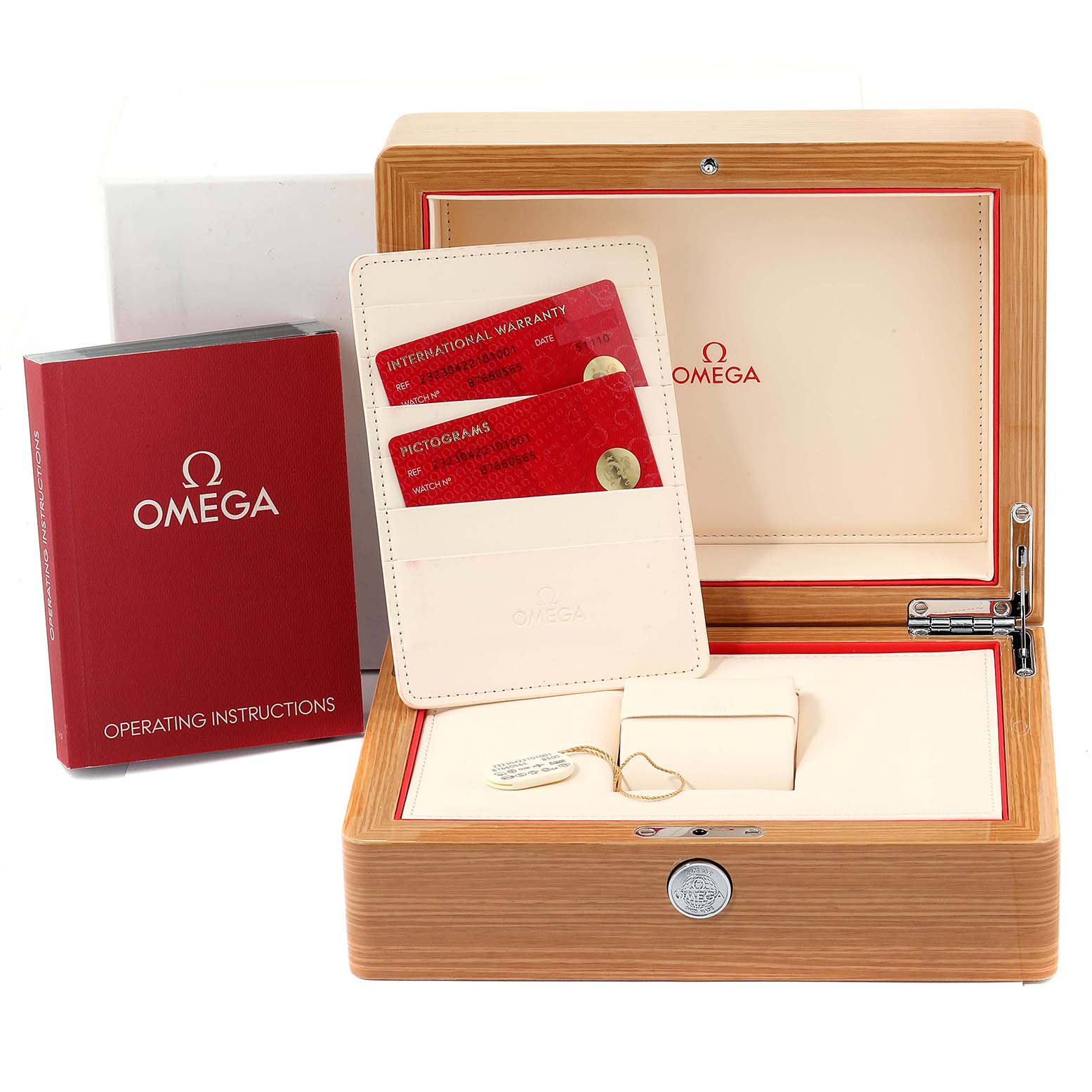 The image shows an Omega Planet Ocean 232.30.42.21.01.003 Men
s Stainless Steel Black Dial 232.30.42.21.01.003 Men
s Stainless Steel Black Dial watch box, operating instructions, and warranty cards, viewed from the front.