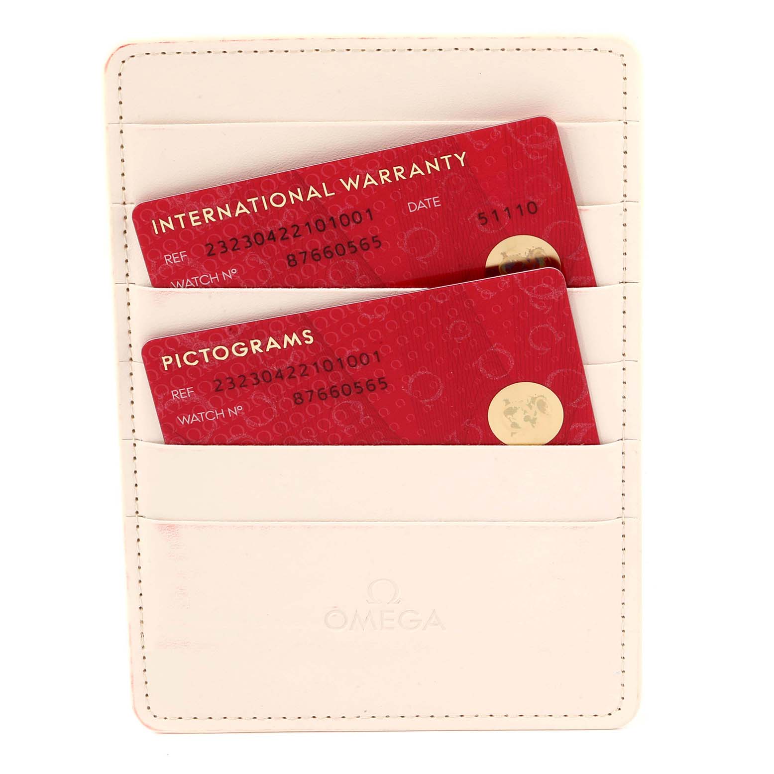 This image shows the International Warranty and Pictograms cards for the Omega Planet Ocean 232.30.42.21.01.003 Men
s Stainless Steel Black Dial 232.30.42.21.01.003 Men
s Stainless Steel Black Dial model in a card holder.