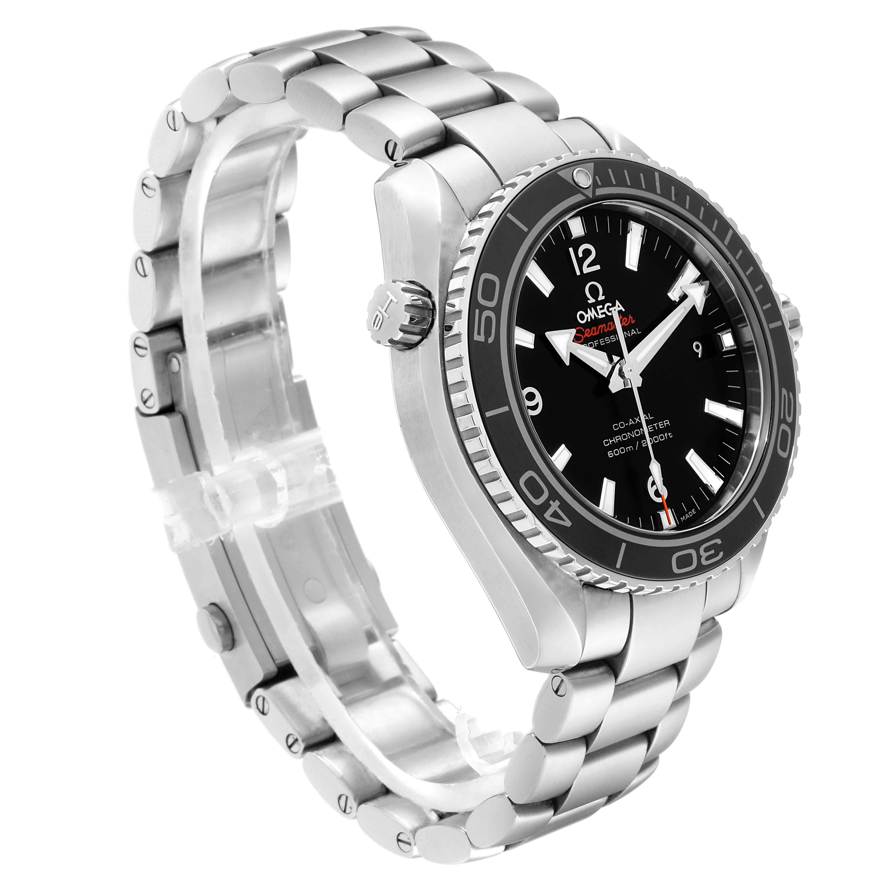 The image displays the Omega Planet Ocean 232.30.42.21.01.003 Men
s Stainless Steel Black Dial 232.30.42.21.01.003 Men
s Stainless Steel Black Dial watch at an oblique angle, showcasing its face, bezel, crown, and metal bracelet.