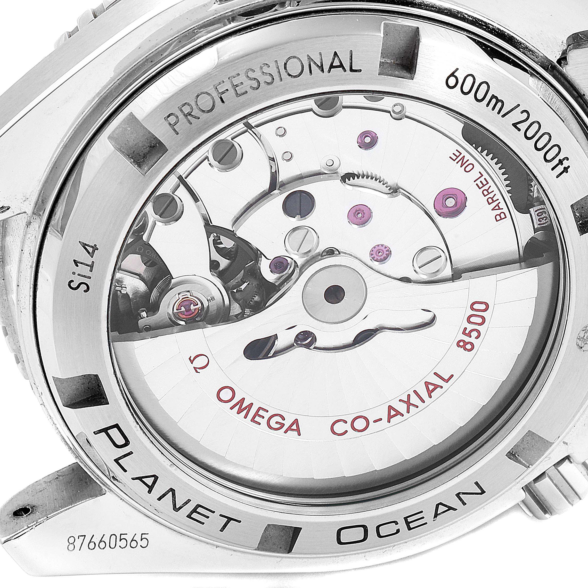 This image shows the back side of an Omega Planet Ocean 232.30.42.21.01.003 Men
s Stainless Steel Black Dial 232.30.42.21.01.003 Men
s Stainless Steel Black Dial watch, focusing on its exposed movement and mechanical components.