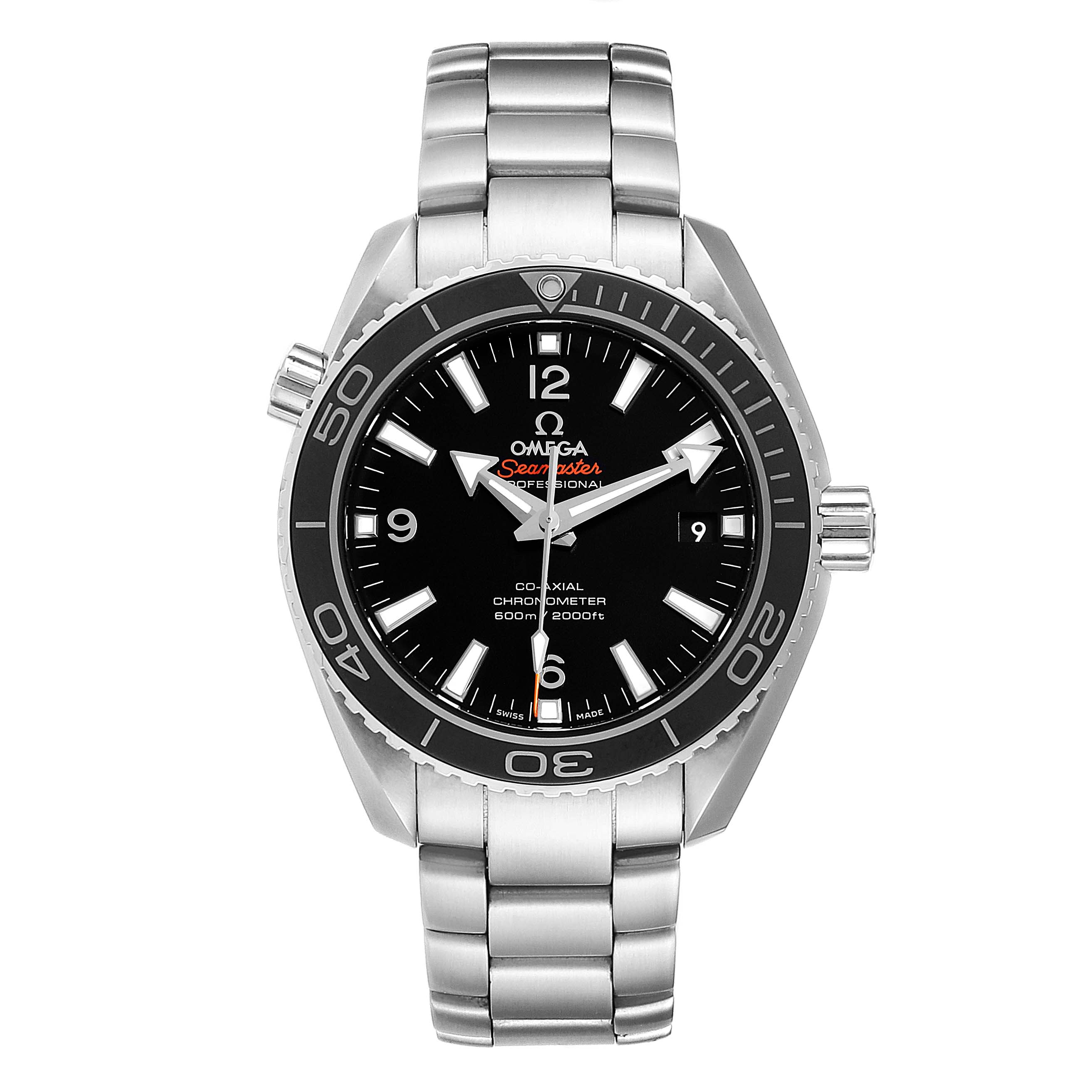 The image shows a front view of the Omega Planet Ocean 232.30.42.21.01.003 Men
s Stainless Steel Black Dial 232.30.42.21.01.003 Men
s Stainless Steel Black Dial watch, displaying the face, bezel, and metal bracelet.
