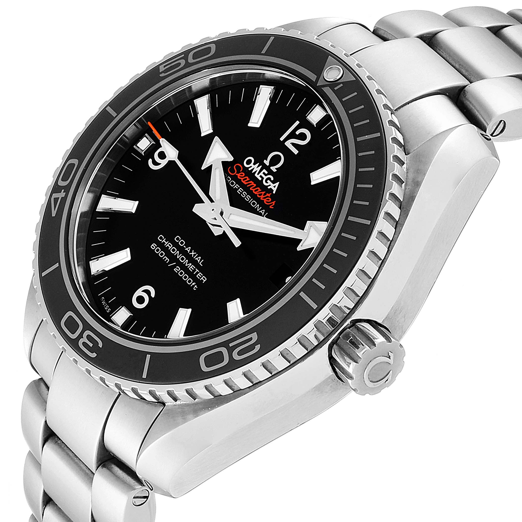 The image shows an angled side view of the Omega Planet Ocean 232.30.42.21.01.003 Men
s Stainless Steel Black Dial 232.30.42.21.01.003 Men
s Stainless Steel Black Dial watch, highlighting the dial, bezel, case, crown, and part of the bracelet.