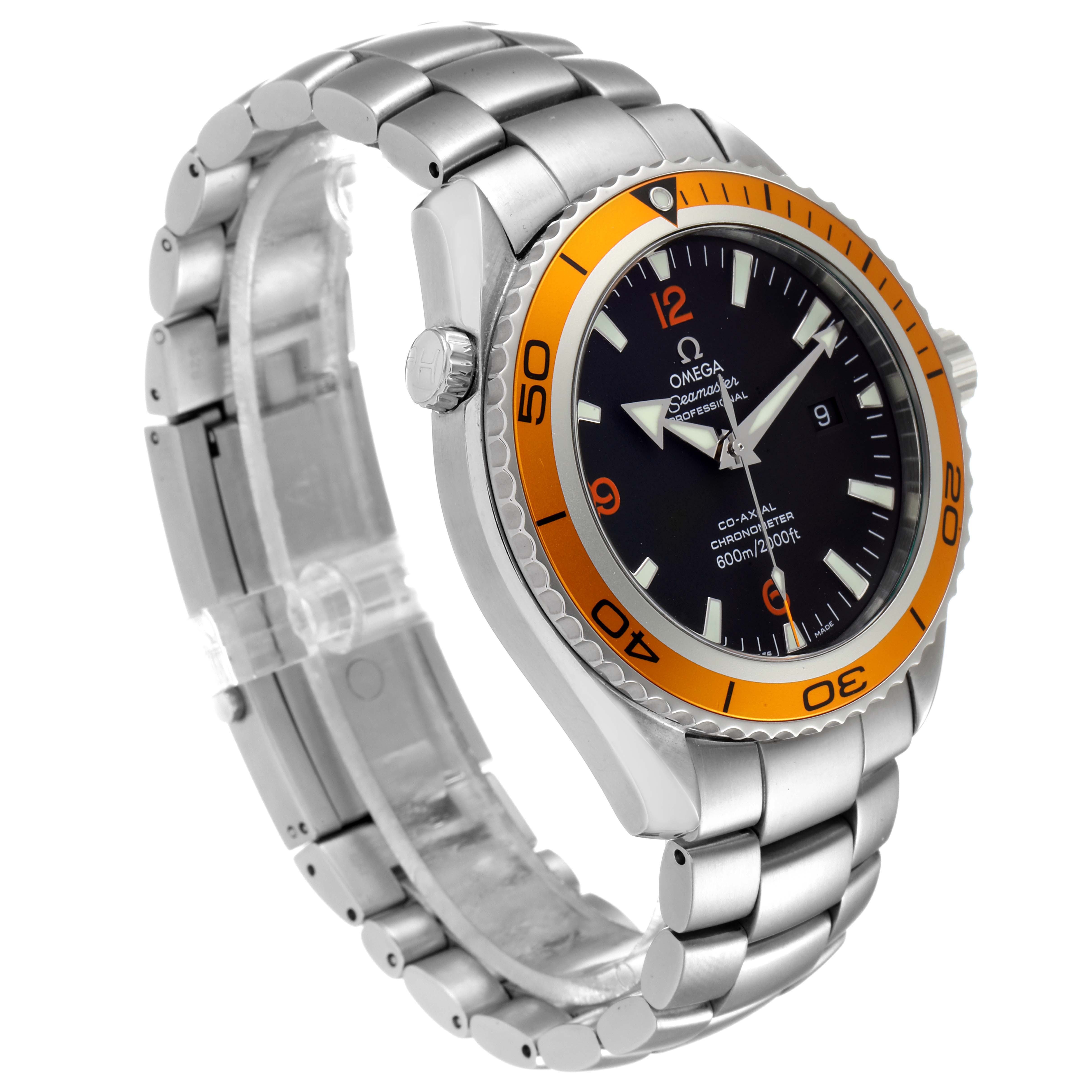 The image shows an Omega Planet Ocean 2208.50.00 Men
s Stainless Steel Black Dial 2208.50.00 Men
s Stainless Steel Black Dial watch from an angled side view, highlighting the orange bezel, stainless steel bracelet, and the face.