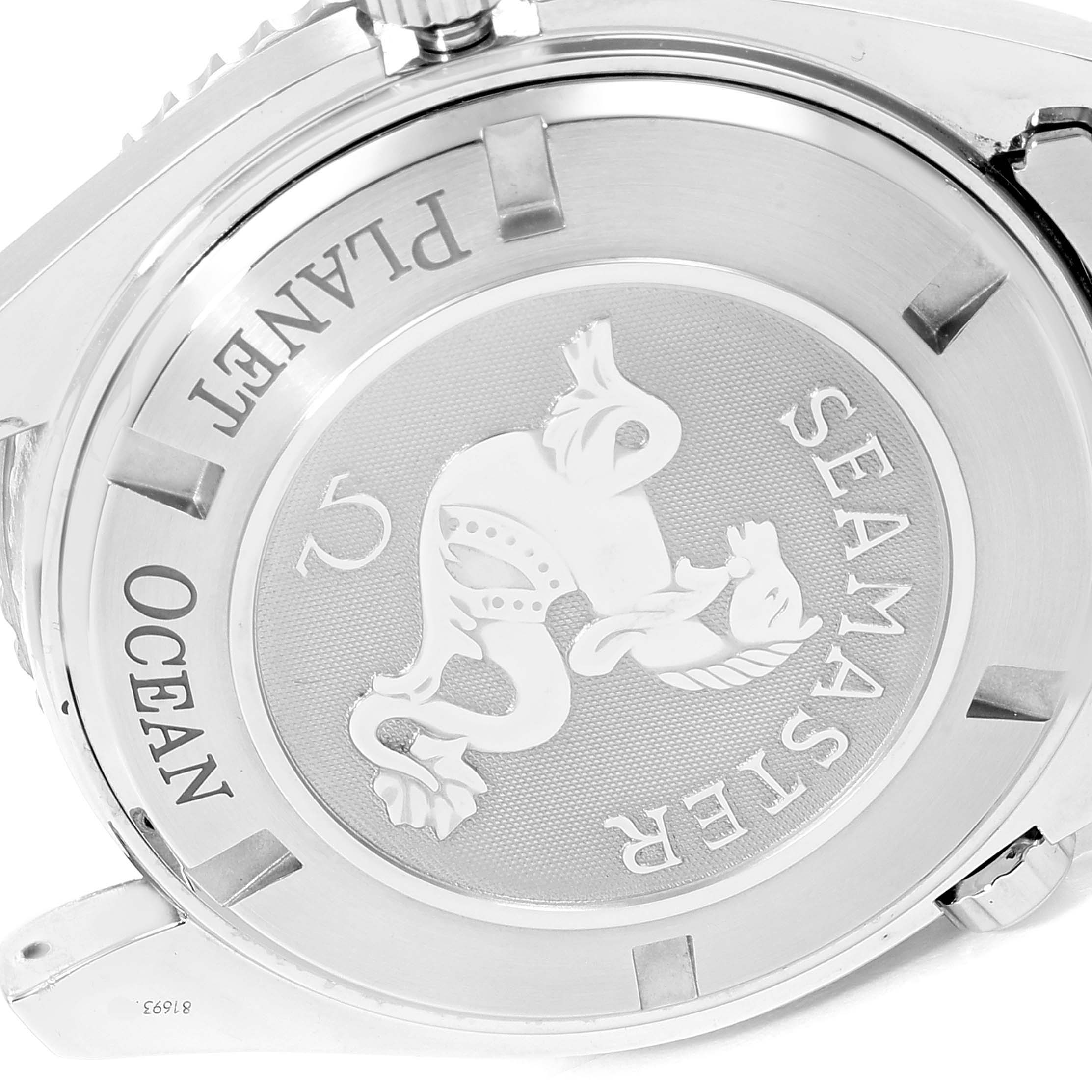 The image shows the back case of an Omega Planet Ocean 2208.50.00 Men
s Stainless Steel Black Dial 2208.50.00 Men
s Stainless Steel Black Dial watch, highlighting the Seamaster emblem.