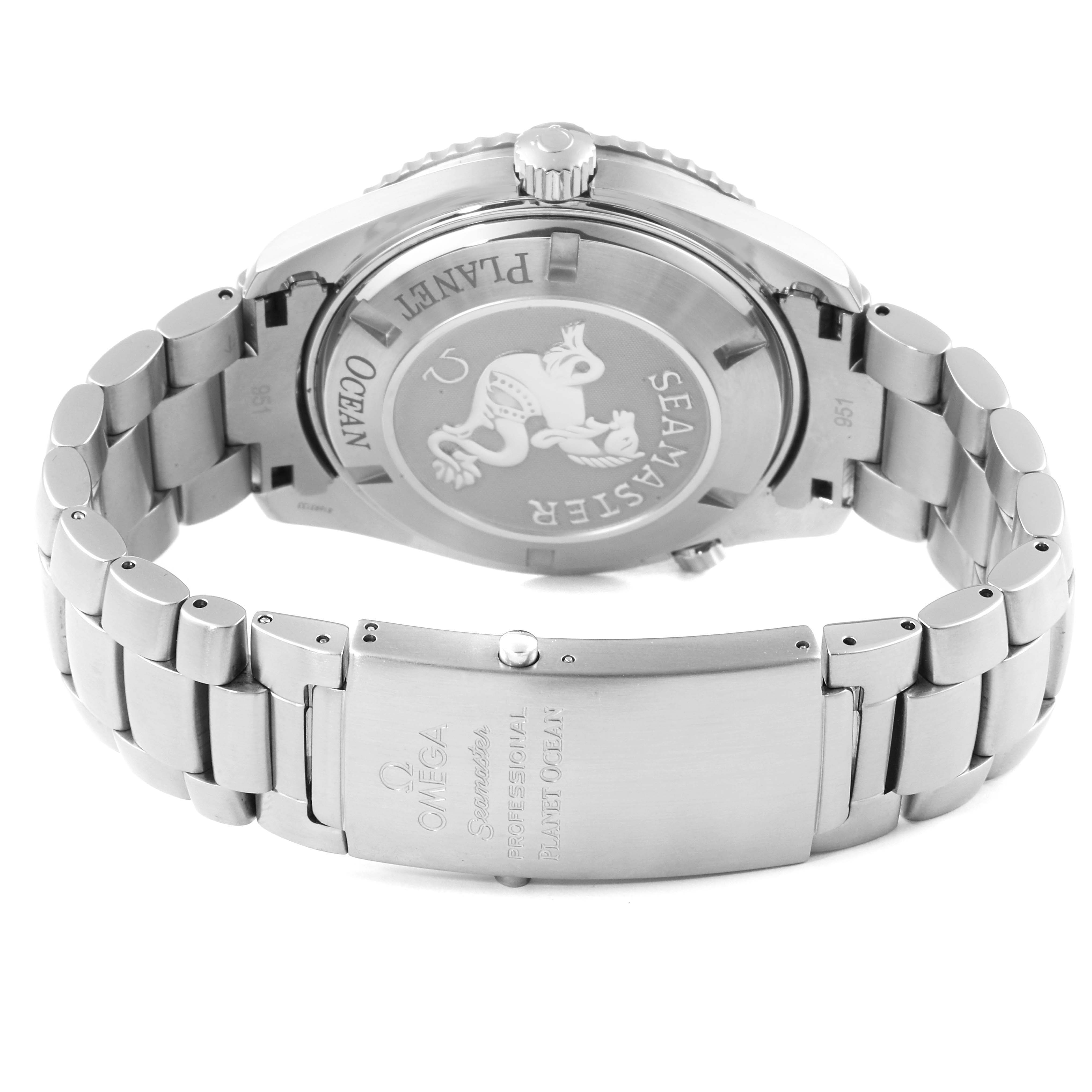 The image shows the back of the Omega Planet Ocean 2208.50.00 Men
s Stainless Steel Black Dial 2208.50.00 Men
s Stainless Steel Black Dial watch, highlighting the case back and part of the bracelet with the clasp.