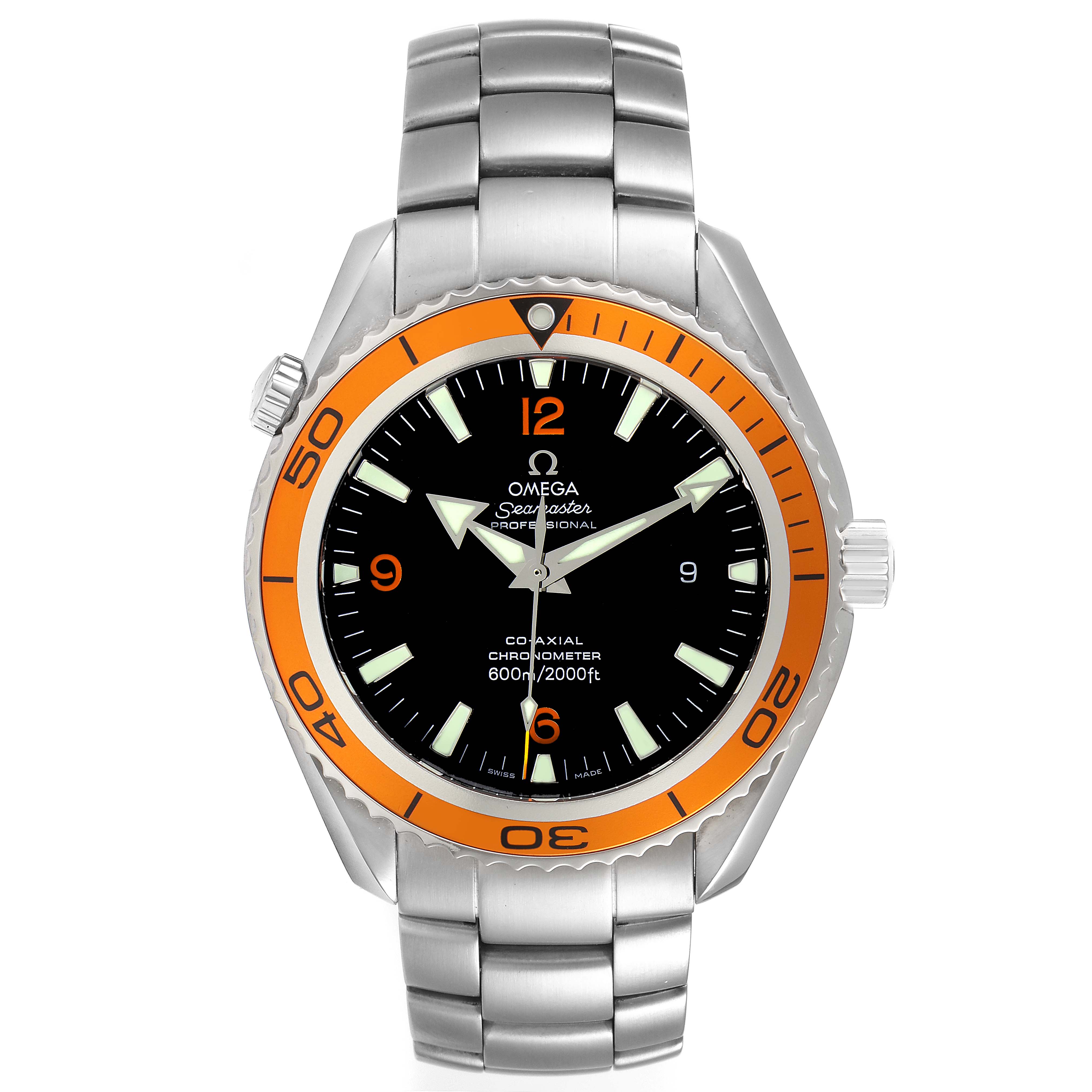 The Omega Planet Ocean 2208.50.00 Men
s Stainless Steel Black Dial 2208.50.00 Men
s Stainless Steel Black Dial watch is shown from the front, highlighting its orange bezel and stainless steel bracelet.