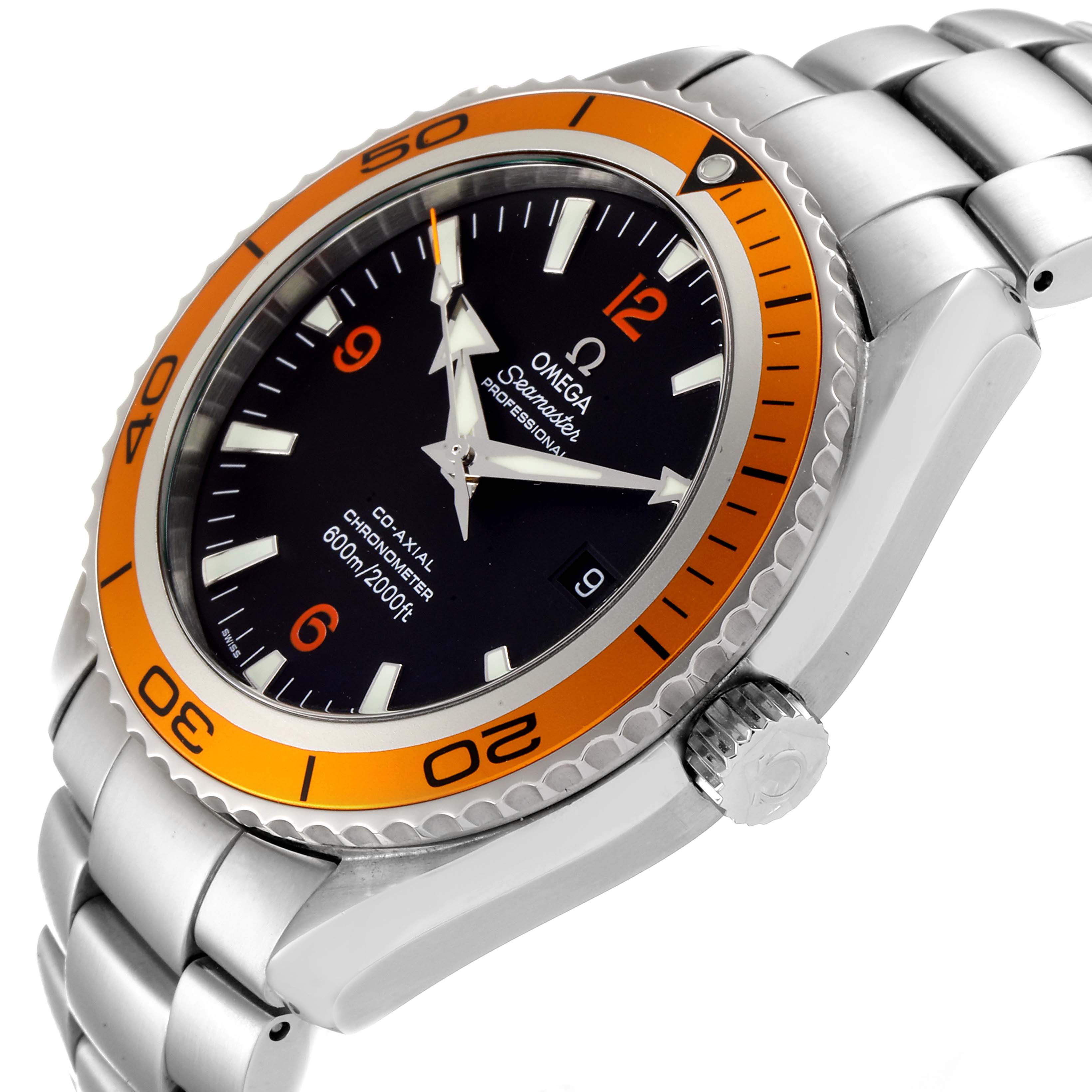 The Omega Planet Ocean 2208.50.00 Men
s Stainless Steel Black Dial 2208.50.00 Men
s Stainless Steel Black Dial watch is shown at an angled side view, highlighting the orange bezel, dial, and bracelet.