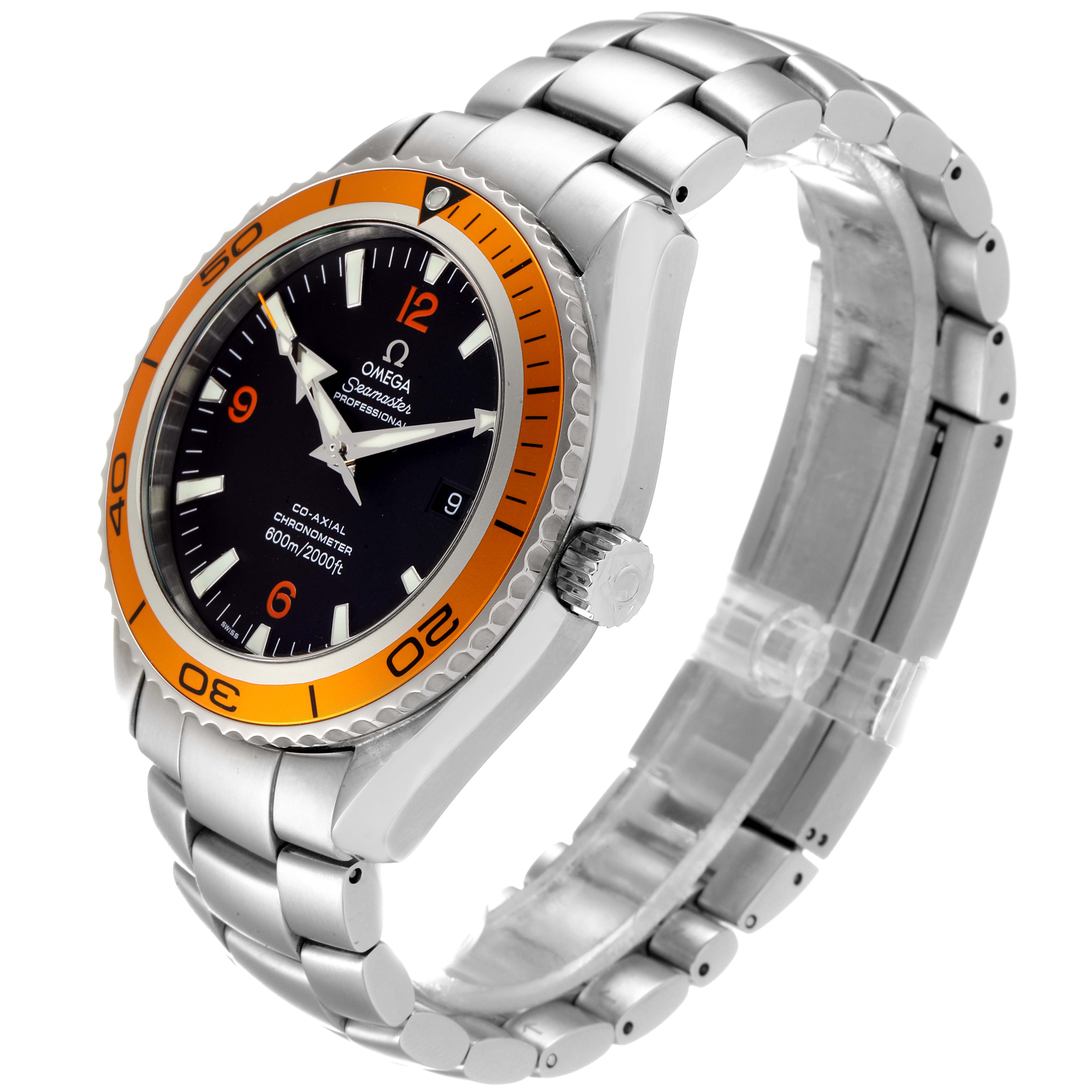 The Omega Planet Ocean 2208.50.00 Men
s Stainless Steel Black Dial 2208.50.00 Men
s Stainless Steel Black Dial watch is shown at a three-quarter angle, displaying its face, orange bezel, crown, and metal band.