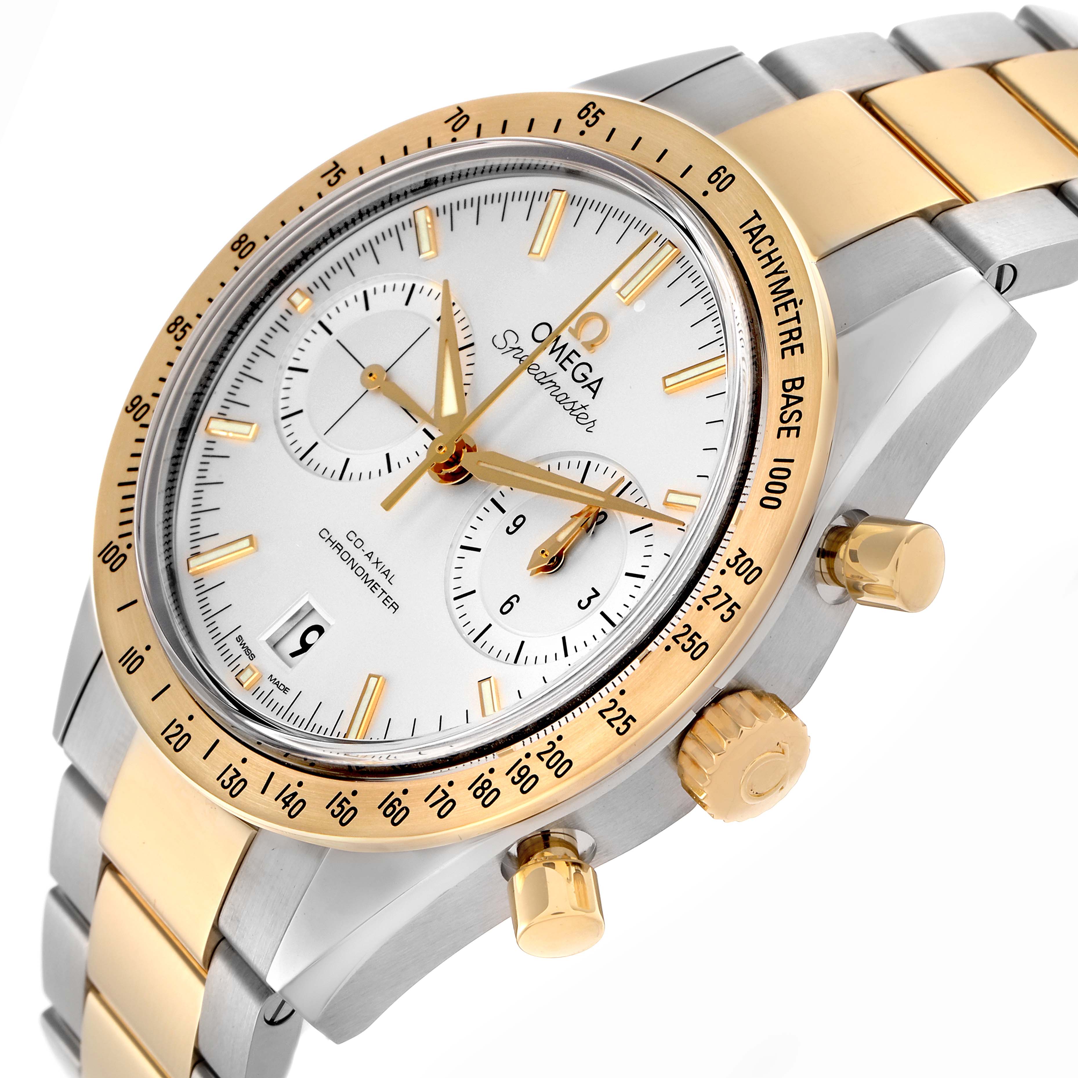 The Omega Speedmaster 331.20.42.51.02.001 Men
s Steel and Gold (two tone) Silver Dial 331.20.42.51.02.001 Men
s Steel and Gold (two tone) Silver Dial watch is shown at an angle highlighting the bezel, dial, crown, pushers, and bracelet.