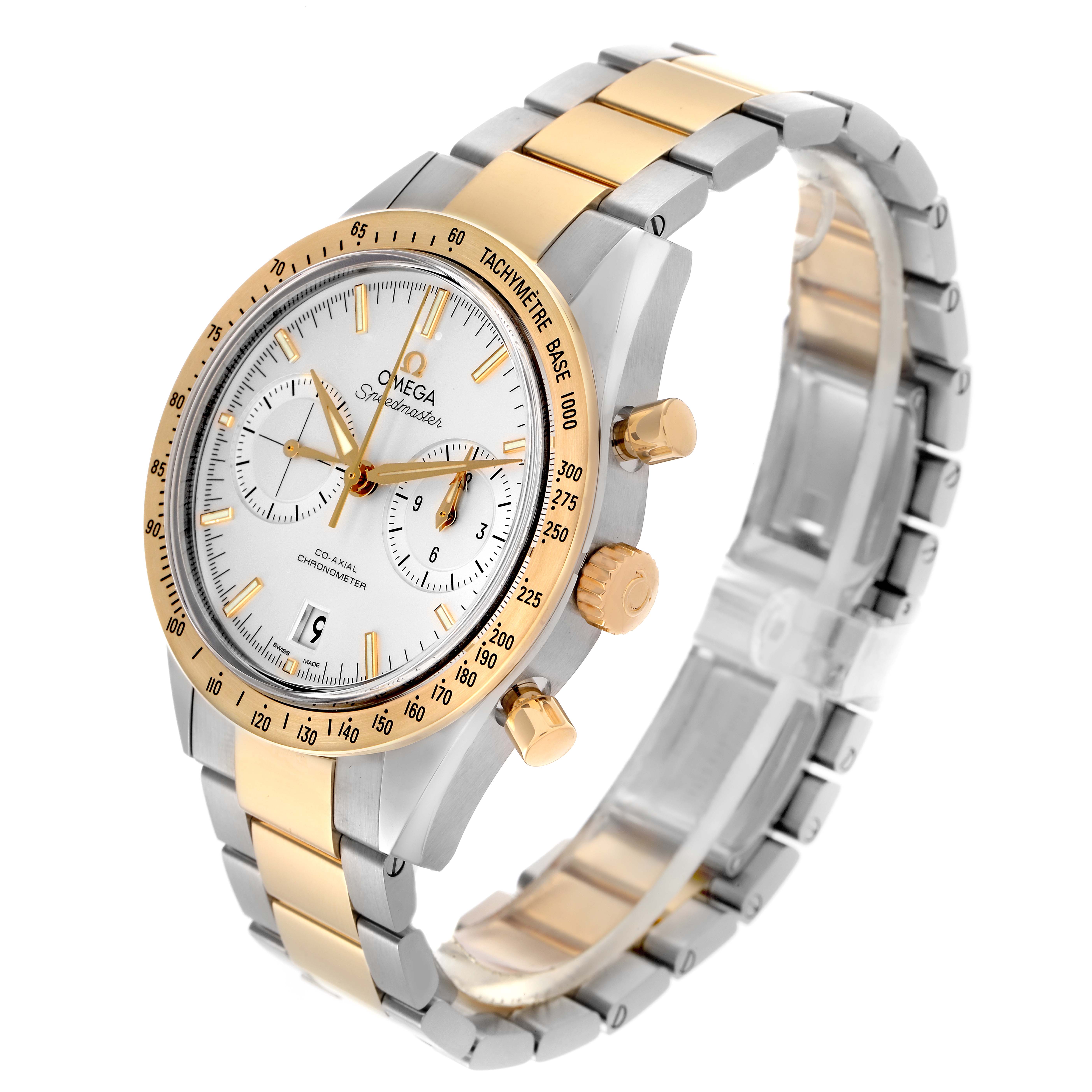 The Omega Speedmaster 331.20.42.51.02.001 Men
s Steel and Gold (two tone) Silver Dial 331.20.42.51.02.001 Men
s Steel and Gold (two tone) Silver Dial watch is shown at a three-quarter angle, highlighting the face, bezel, crown, and bracelet.