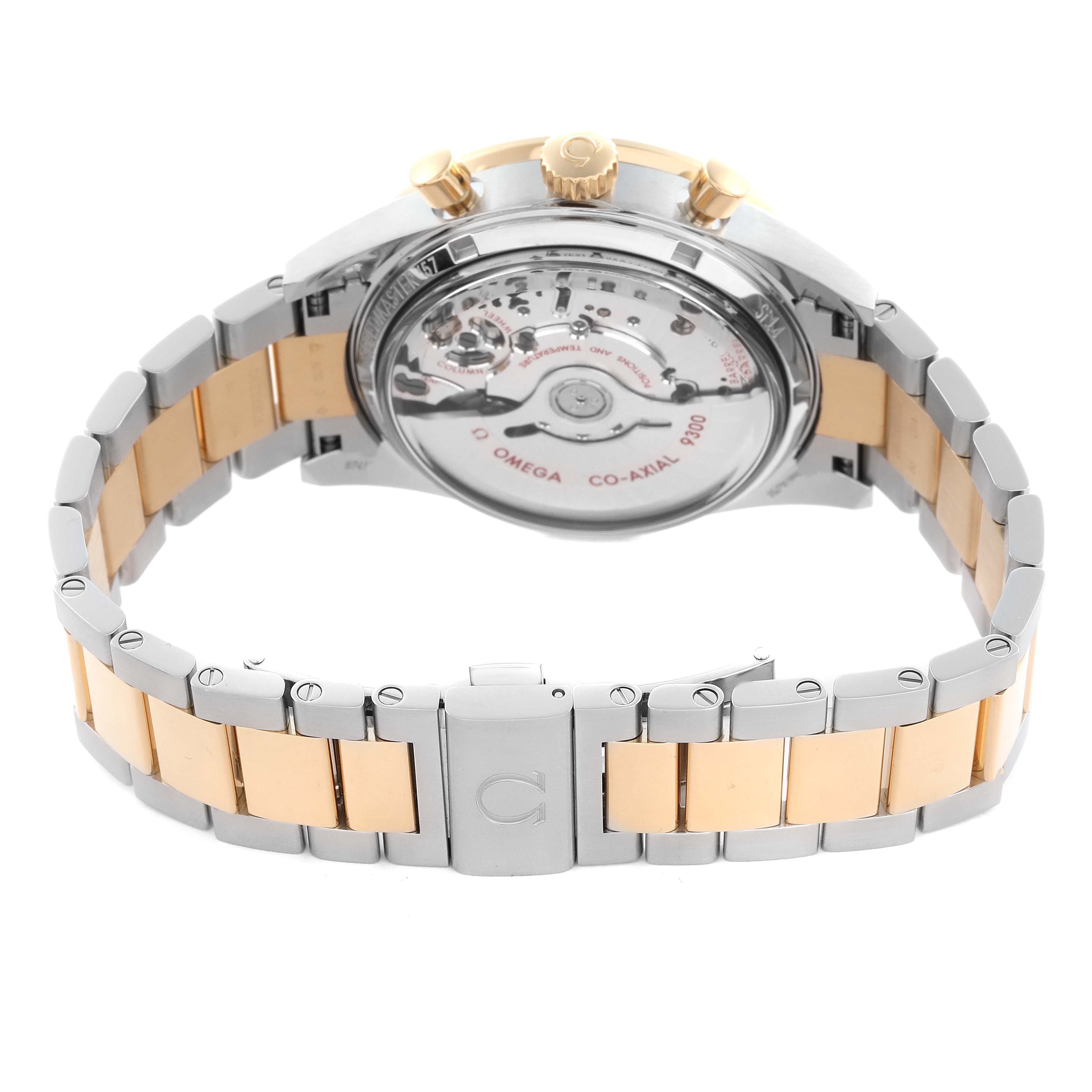 The Omega Speedmaster 331.20.42.51.02.001 Men
s Steel and Gold (two tone) Silver Dial 331.20.42.51.02.001 Men
s Steel and Gold (two tone) Silver Dial watch is shown from the rear, highlighting its case back and a two-tone metal bracelet.