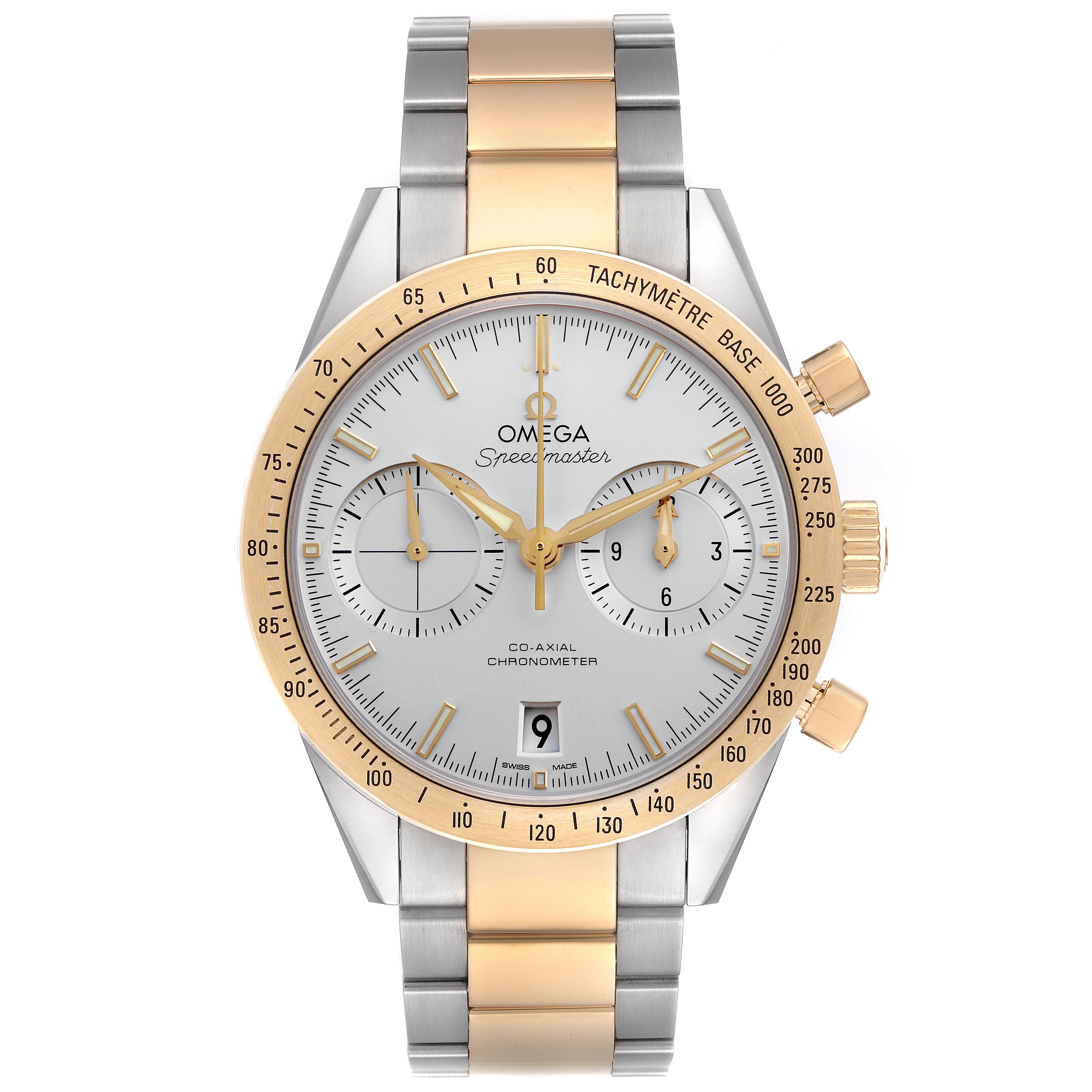The Omega Speedmaster 331.20.42.51.02.001 Men
s Steel and Gold (two tone) Silver Dial 331.20.42.51.02.001 Men
s Steel and Gold (two tone) Silver Dial watch is shown from the front, highlighting its gold and silver bezel, dial, and bracelet.
