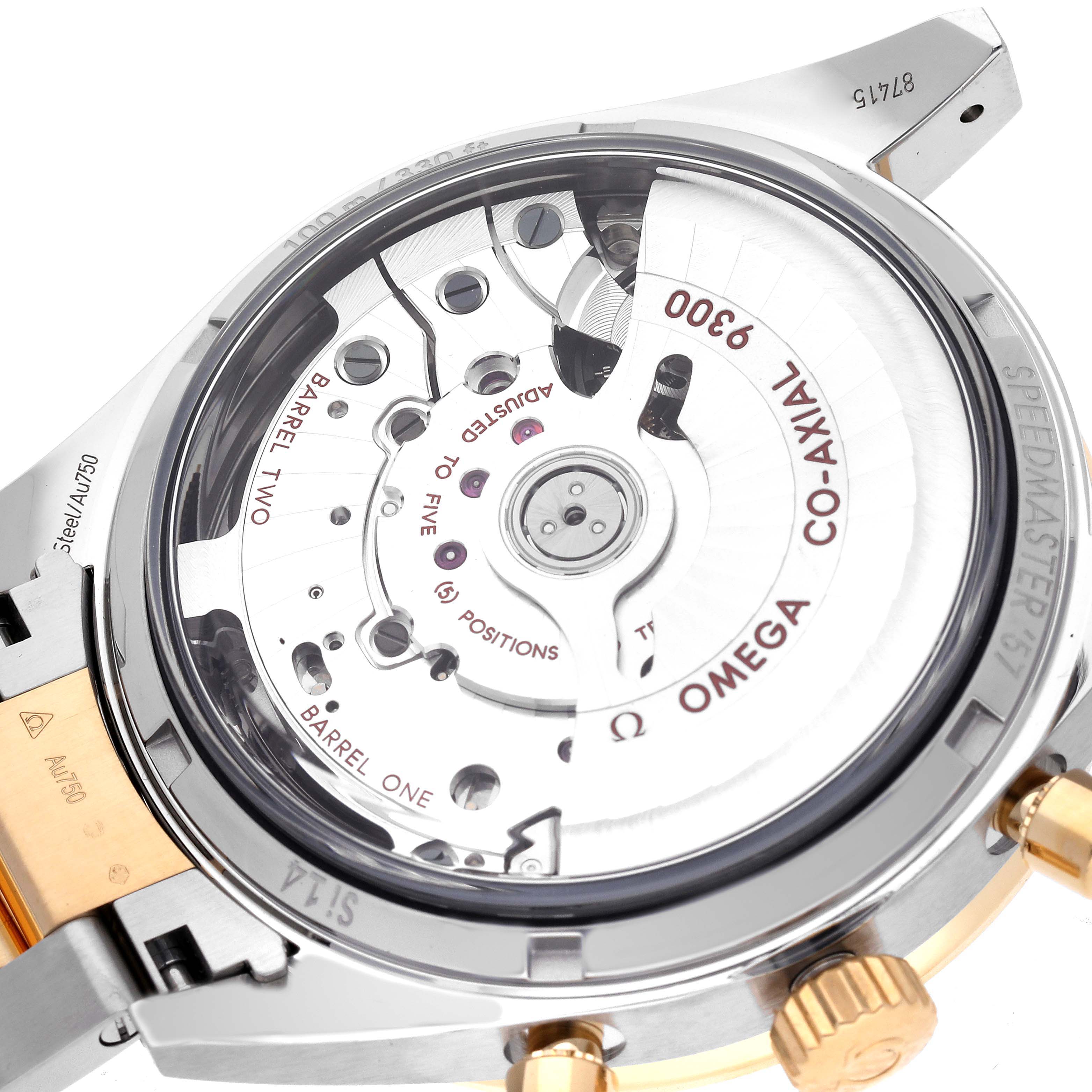 The image shows the back of an Omega Speedmaster 331.20.42.51.02.001 Men
s Steel and Gold (two tone) Silver Dial 331.20.42.51.02.001 Men
s Steel and Gold (two tone) Silver Dial, highlighting the Co-Axial movement and engraved rotor.