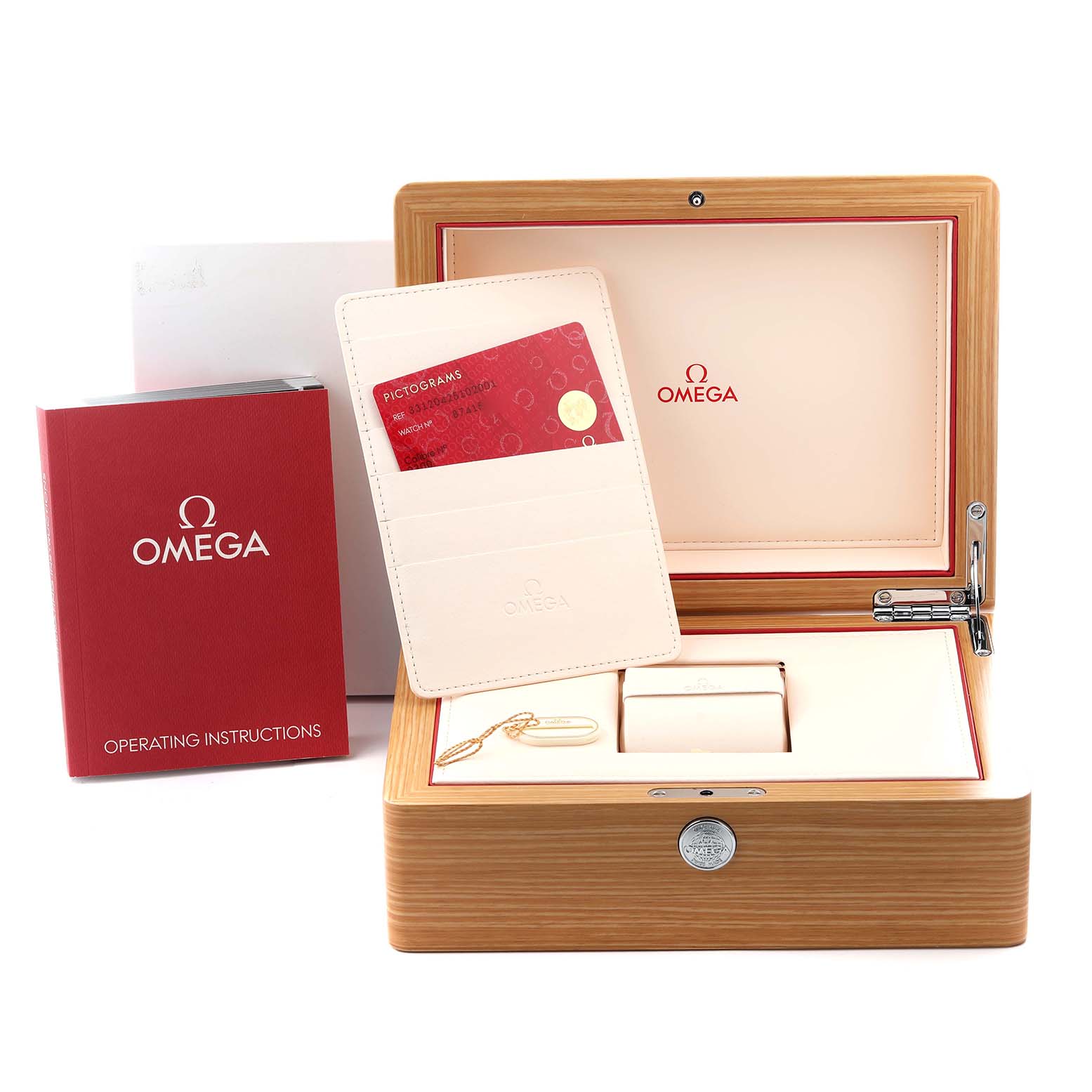 The image shows an Omega Speedmaster 331.20.42.51.02.001 Men
s Steel and Gold (two tone) Silver Dial 331.20.42.51.02.001 Men
s Steel and Gold (two tone) Silver Dial box set with its open wooden case, operating instructions, and a cardholder.