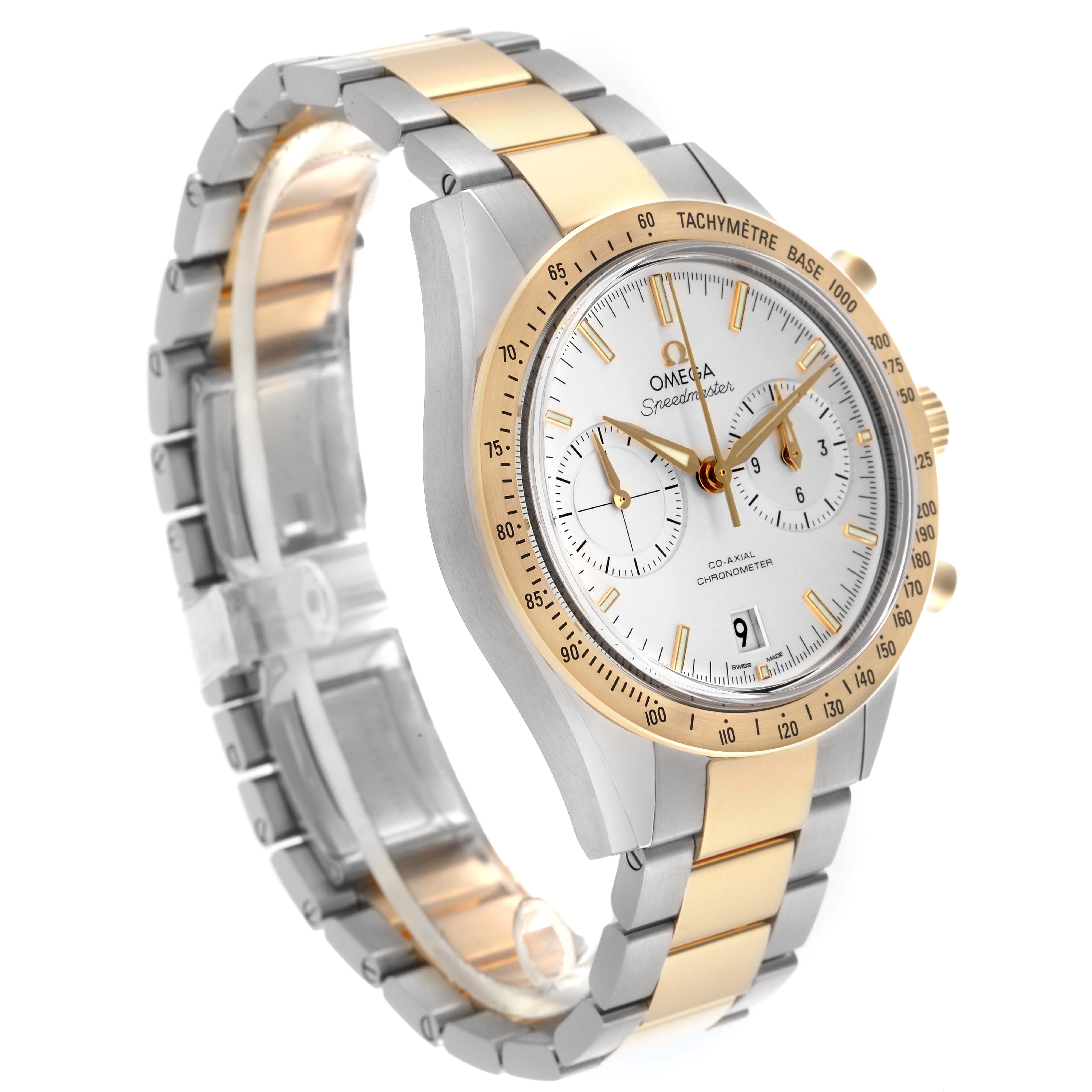 The Omega Speedmaster 331.20.42.51.02.001 Men
s Steel and Gold (two tone) Silver Dial 331.20.42.51.02.001 Men
s Steel and Gold (two tone) Silver Dial watch is shown at a three-quarter angle, highlighting its bezel, dial, crown, and bracelet.
