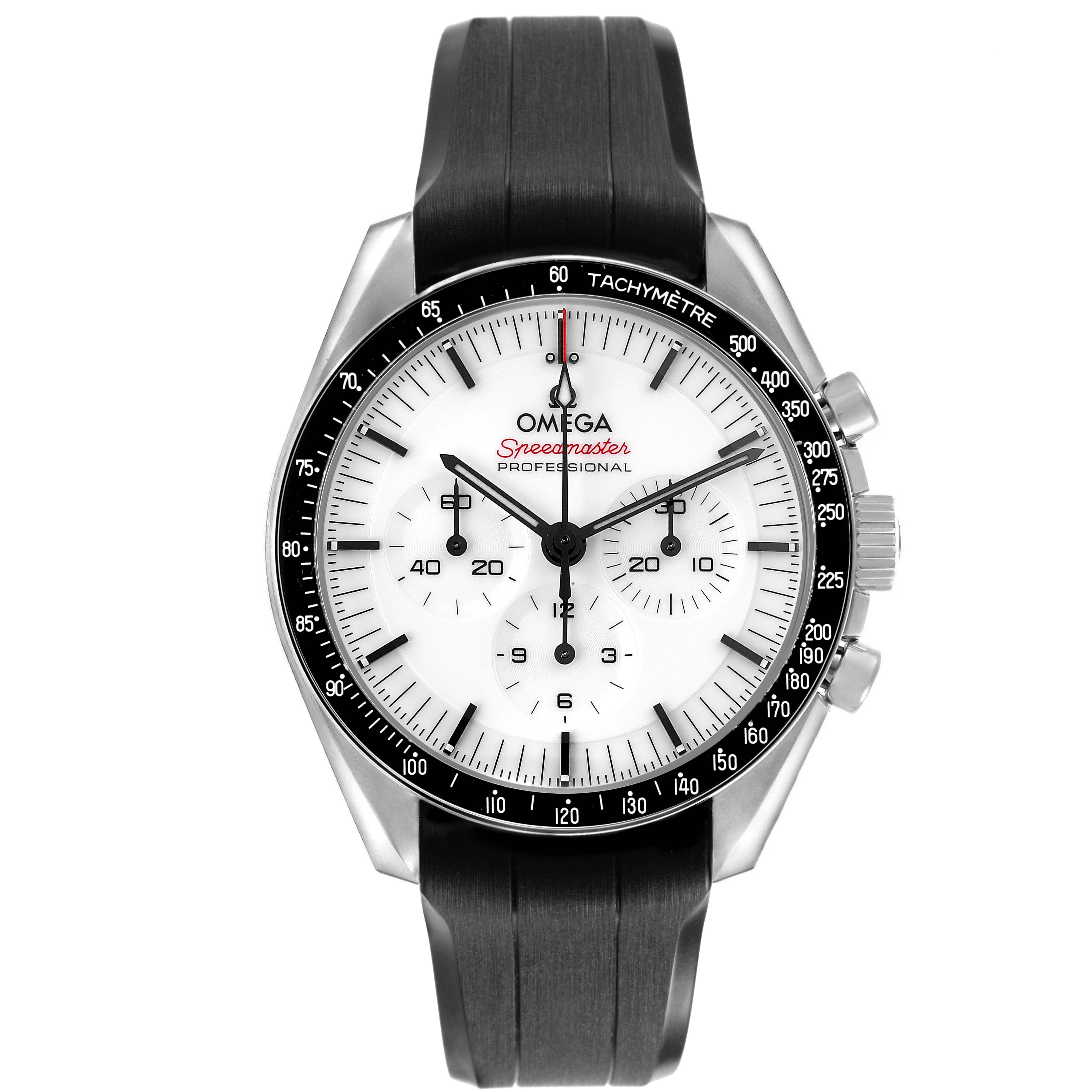 The Omega Speedmaster 310.32.42.50.04.001 Men's Stainless Steel White Dial watch is shown from the front, highlighting its dial, bezel, subdials, and black strap.
