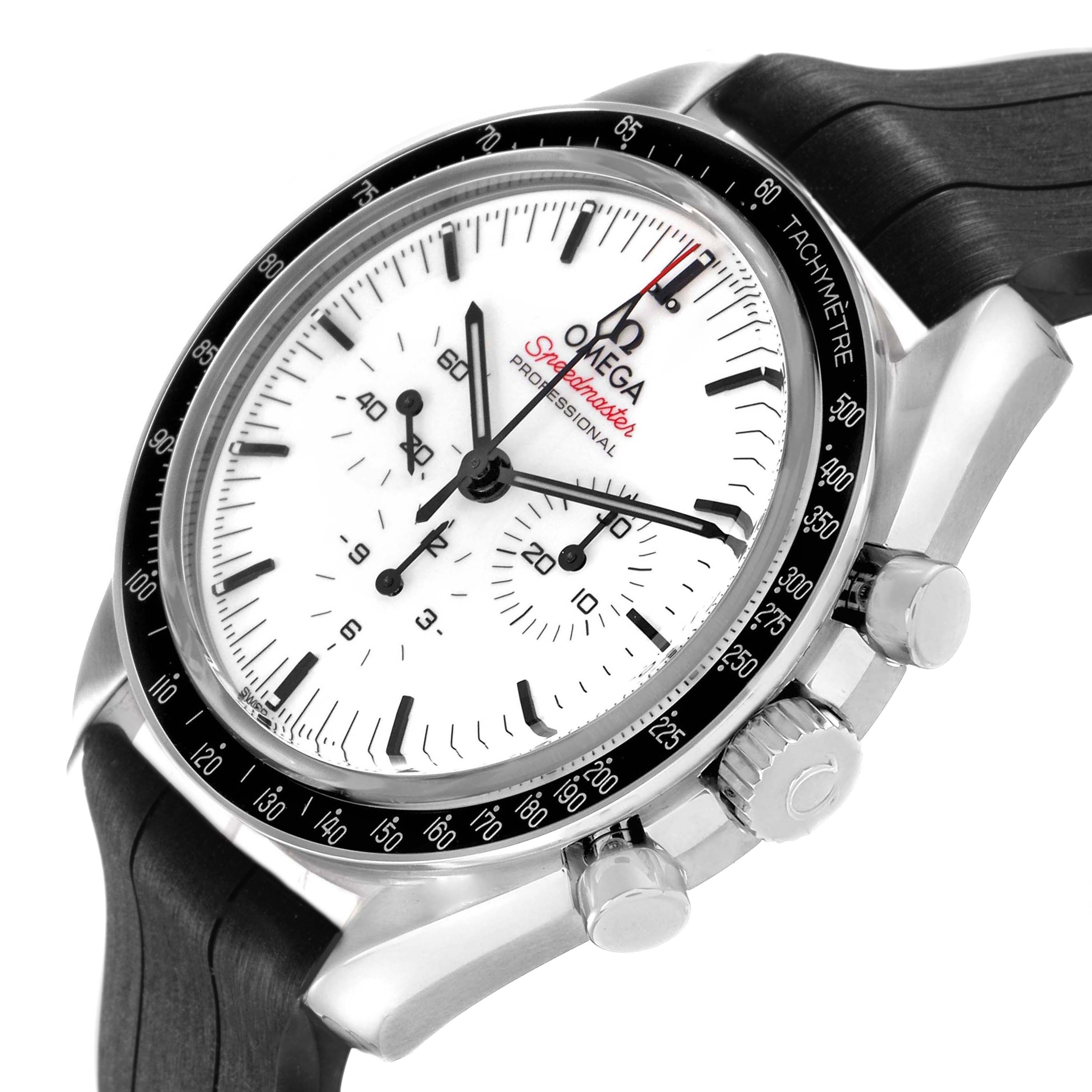 The Omega Speedmaster 310.32.42.50.04.001 Men's Stainless Steel White Dial watch is shown at an angled side view, highlighting the dial, pushers, and tachymeter bezel.