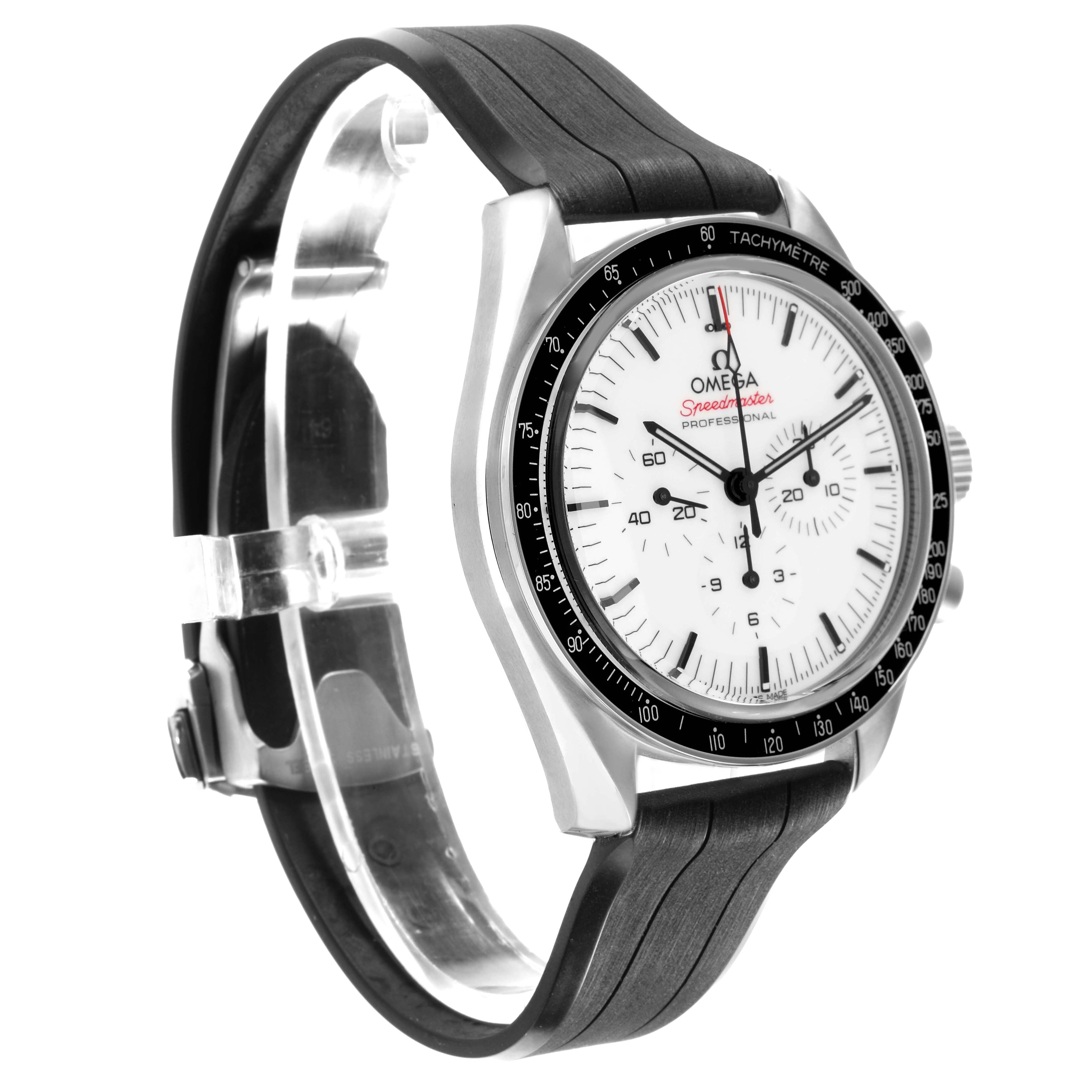 The Omega Speedmaster 310.32.42.50.04.001 Men's Stainless Steel White Dial watch is shown at a three-quarter angle, highlighting the face, bezel, and black strap.