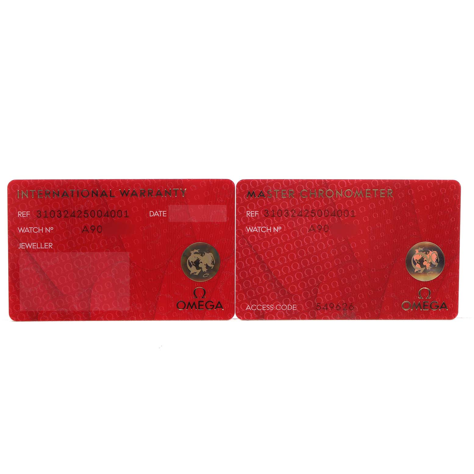 The image shows the International Warranty and Master Chronometer cards for an Omega Speedmaster 310.32.42.50.04.001 Men's Stainless Steel White Dial watch, displayed side by side.
