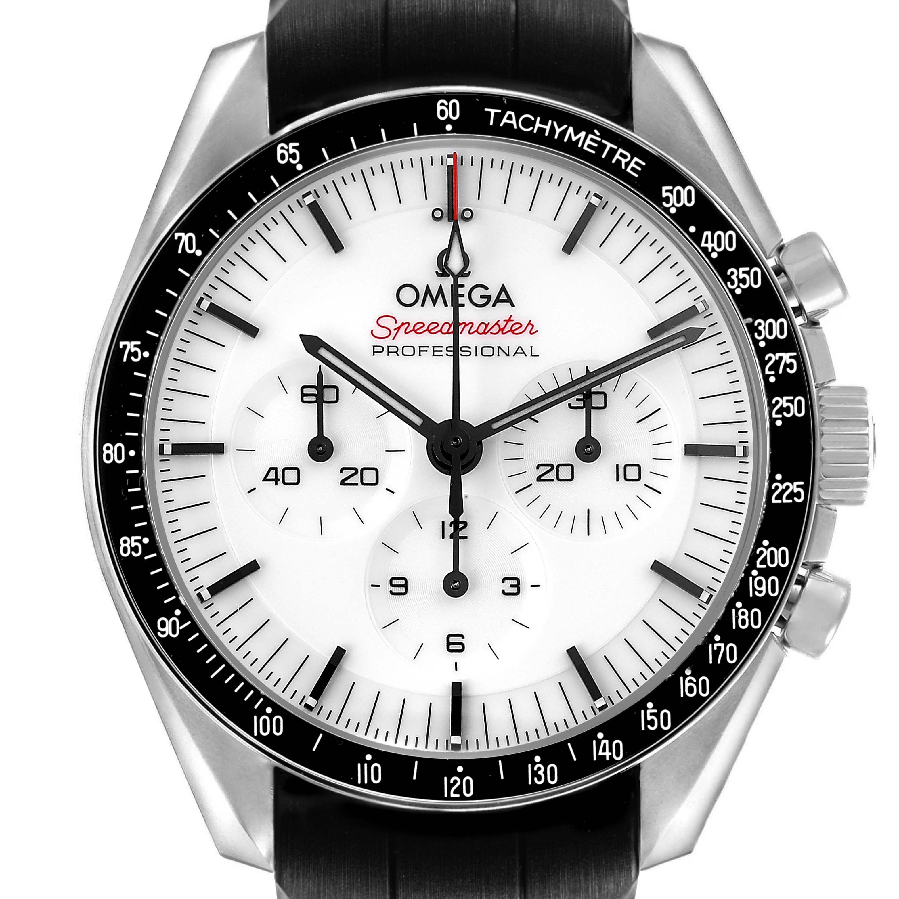 The Omega Speedmaster 310.32.42.50.04.001 Men's Stainless Steel White Dial watch is shown from the front, displaying the dial, tachymeter bezel, crown, and pushers.