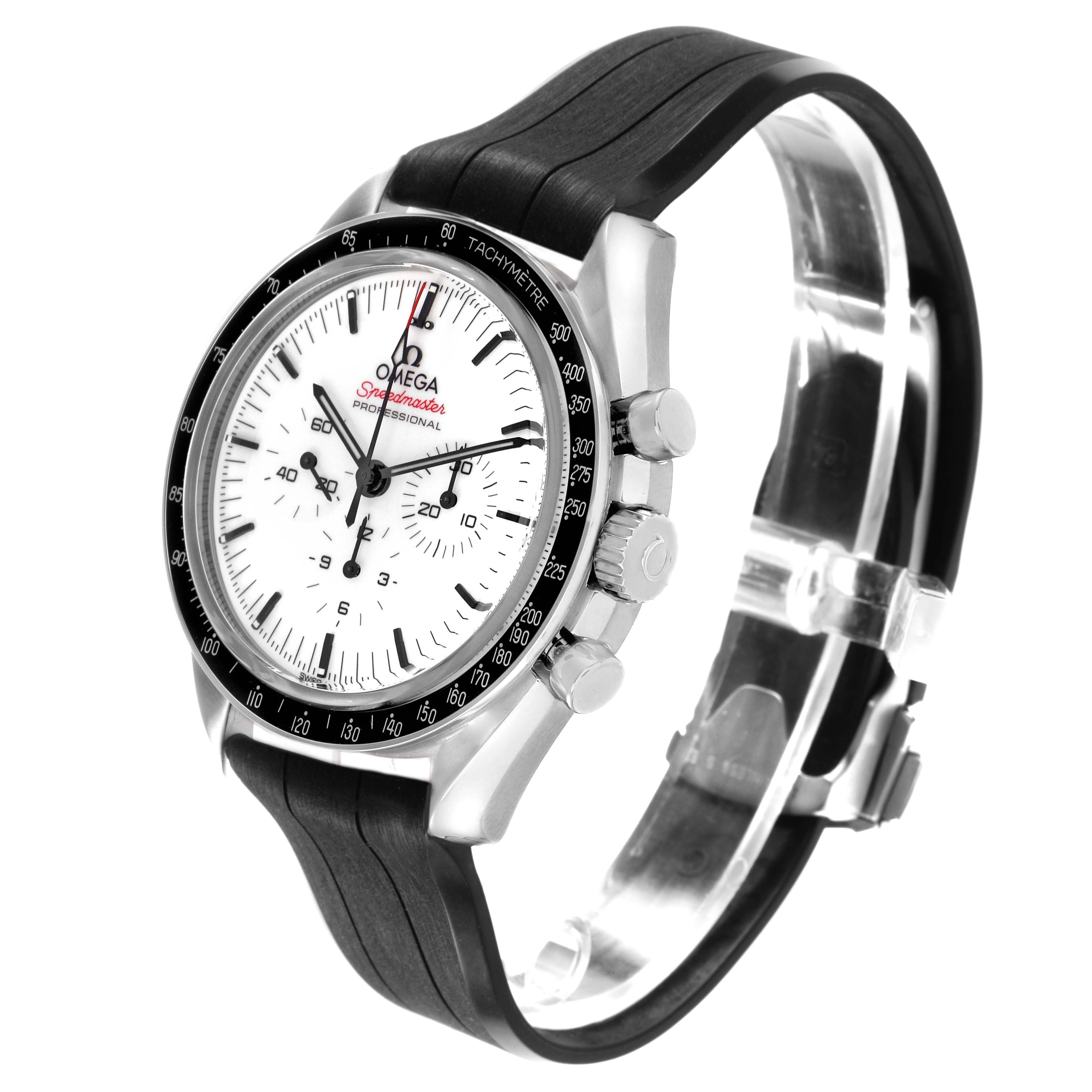 The Omega Speedmaster 310.32.42.50.04.001 Men's Stainless Steel White Dial watch is shown at a three-quarter angle, highlighting the face, bezel, crown, pushers, and strap.