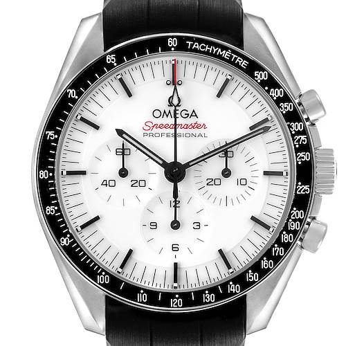 The image shows a front view of the Omega Speedmaster 310.32.42.50.04.001 Men's Stainless Steel White Dial's dial, bezel, and chronograph pushers.