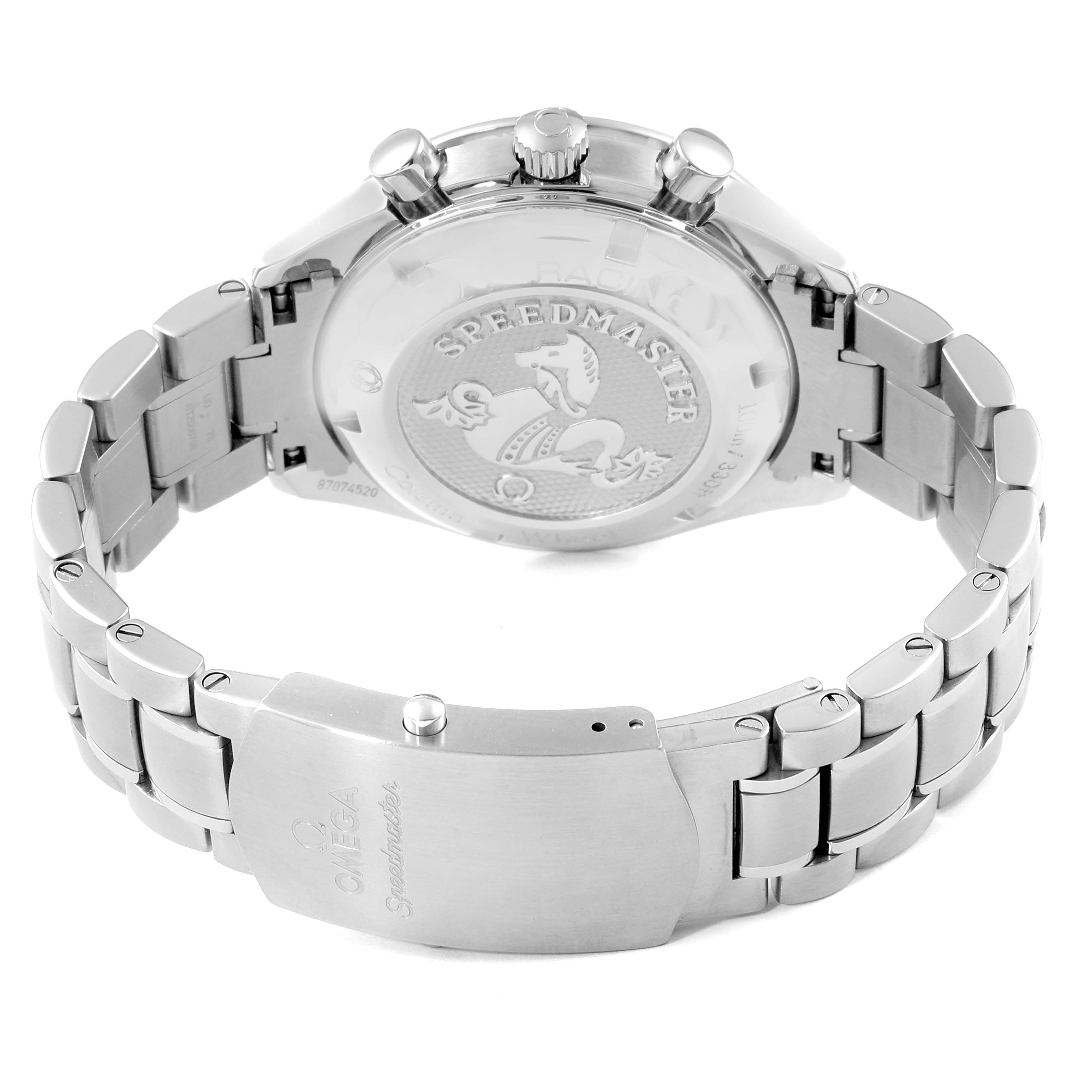 The image shows the back and bracelet of the Omega Speedmaster 326.30.40.50.02.001 Men
s Stainless Steel Silver Dial 326.30.40.50.02.001 Men
s Stainless Steel Silver Dial watch, highlighting the engraved case back and branded clasp.