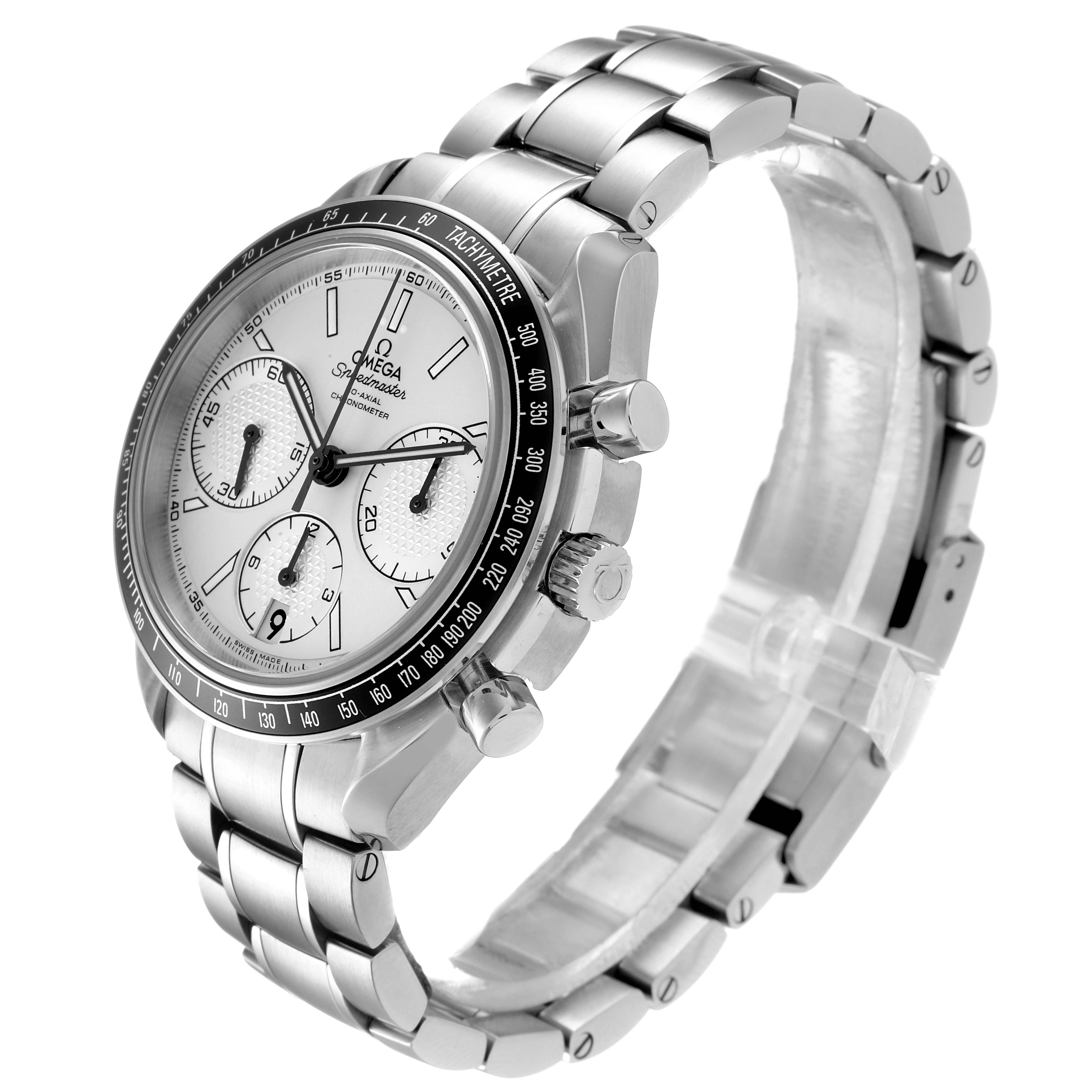 The image shows a side-angle view of the Omega Speedmaster 326.30.40.50.02.001 Men
s Stainless Steel Silver Dial 326.30.40.50.02.001 Men
s Stainless Steel Silver Dial watch, displaying its dial, bezel, and stainless steel bracelet.