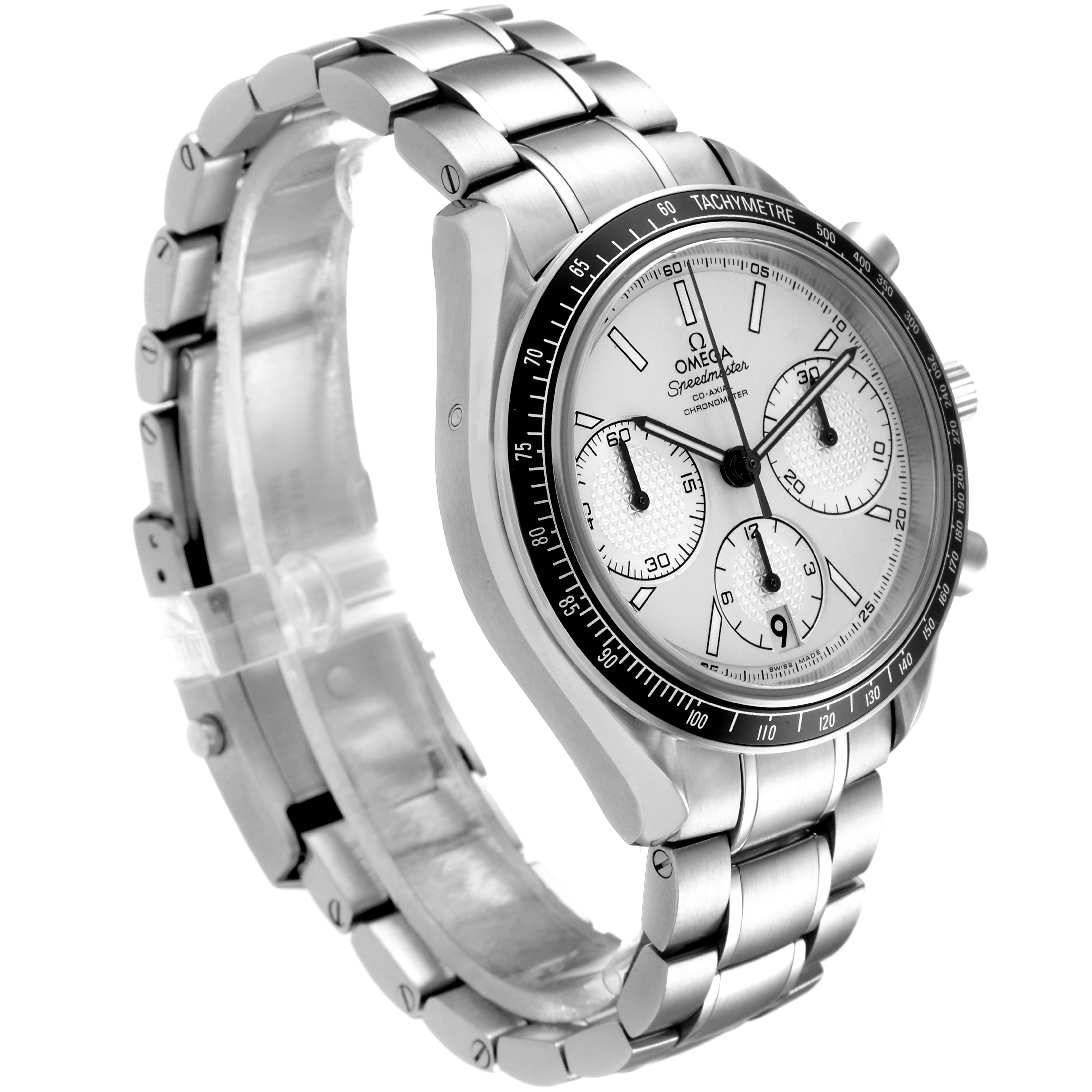 The image shows a side-angle view of an Omega Speedmaster 326.30.40.50.02.001 Men
s Stainless Steel Silver Dial 326.30.40.50.02.001 Men
s Stainless Steel Silver Dial watch highlighting the face, bezel, and metal bracelet.