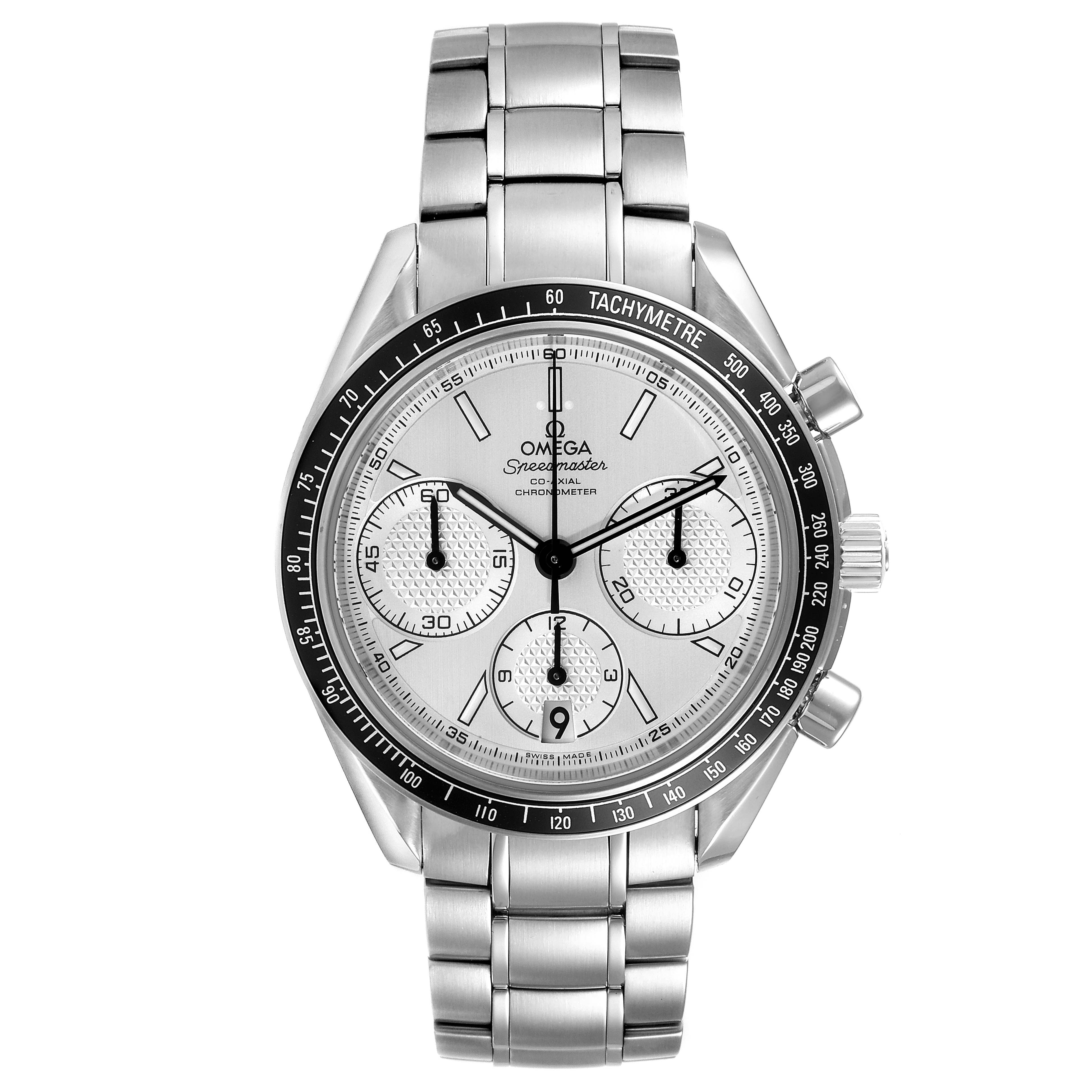 The image shows a front view of an Omega Speedmaster 326.30.40.50.02.001 Men
s Stainless Steel Silver Dial 326.30.40.50.02.001 Men
s Stainless Steel Silver Dial watch, highlighting its dial, tachymeter bezel, and stainless steel bracelet.