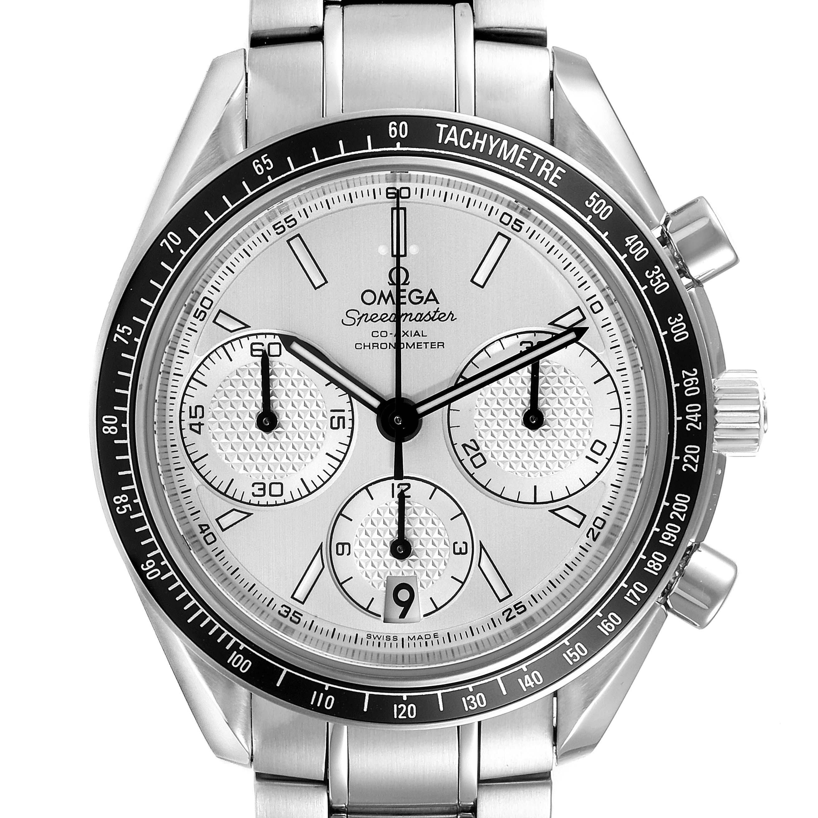 The image shows a front view of an Omega Speedmaster 326.30.40.50.02.001 Men
s Stainless Steel Silver Dial 326.30.40.50.02.001 Men
s Stainless Steel Silver Dial watch, highlighting its dial, bezel, sub-dials, and bracelet.