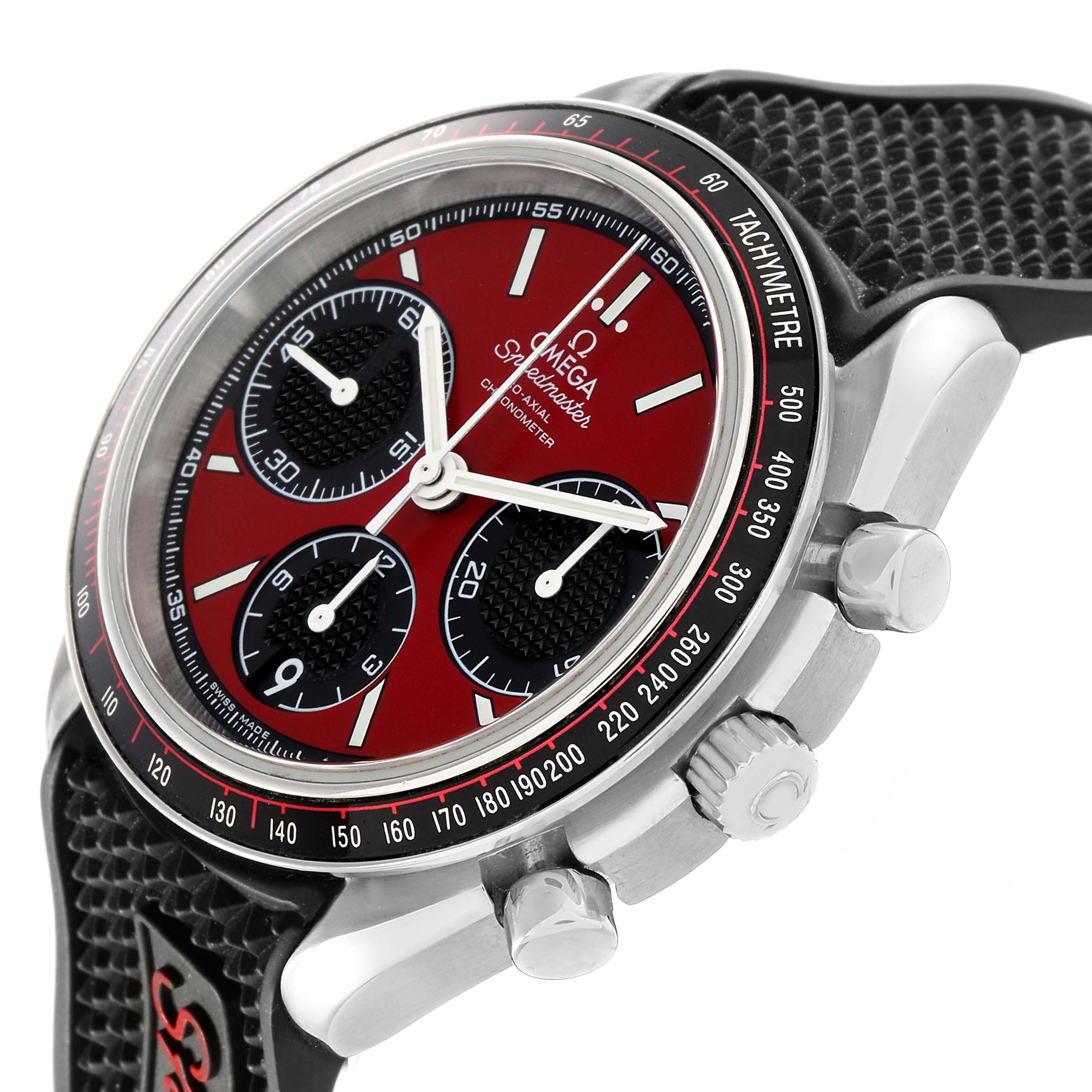 The Omega Speedmaster 326.32.40.50.11.001 Men's Stainless Steel Red Dial watch is shown from a side angle, highlighting the dial, bezel, pushers, and textured strap.