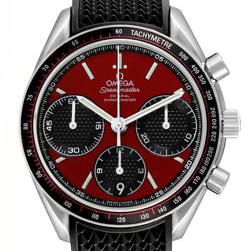 The Omega Speedmaster 326.32.40.50.11.001 Men's Stainless Steel Red Dial watch is shown from the front, highlighting its red face, three sub-dials, black bezel with tachymetre scale, and pushers.