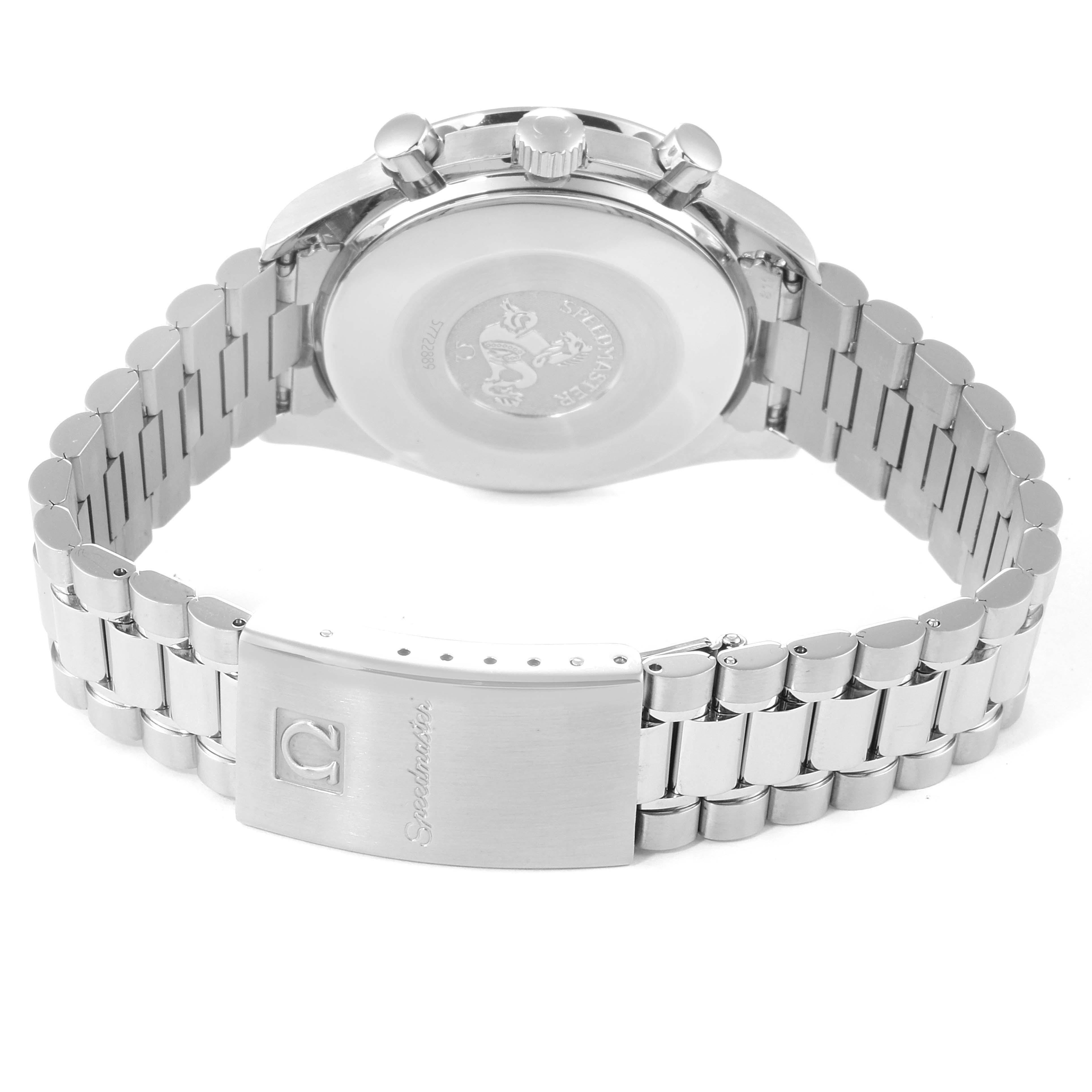 The image shows the back case and bracelet clasp of the Omega Speedmaster 3510.20.00 Men
s Stainless Steel White Dial 3510.20.00 Men
s Stainless Steel White Dial watch.