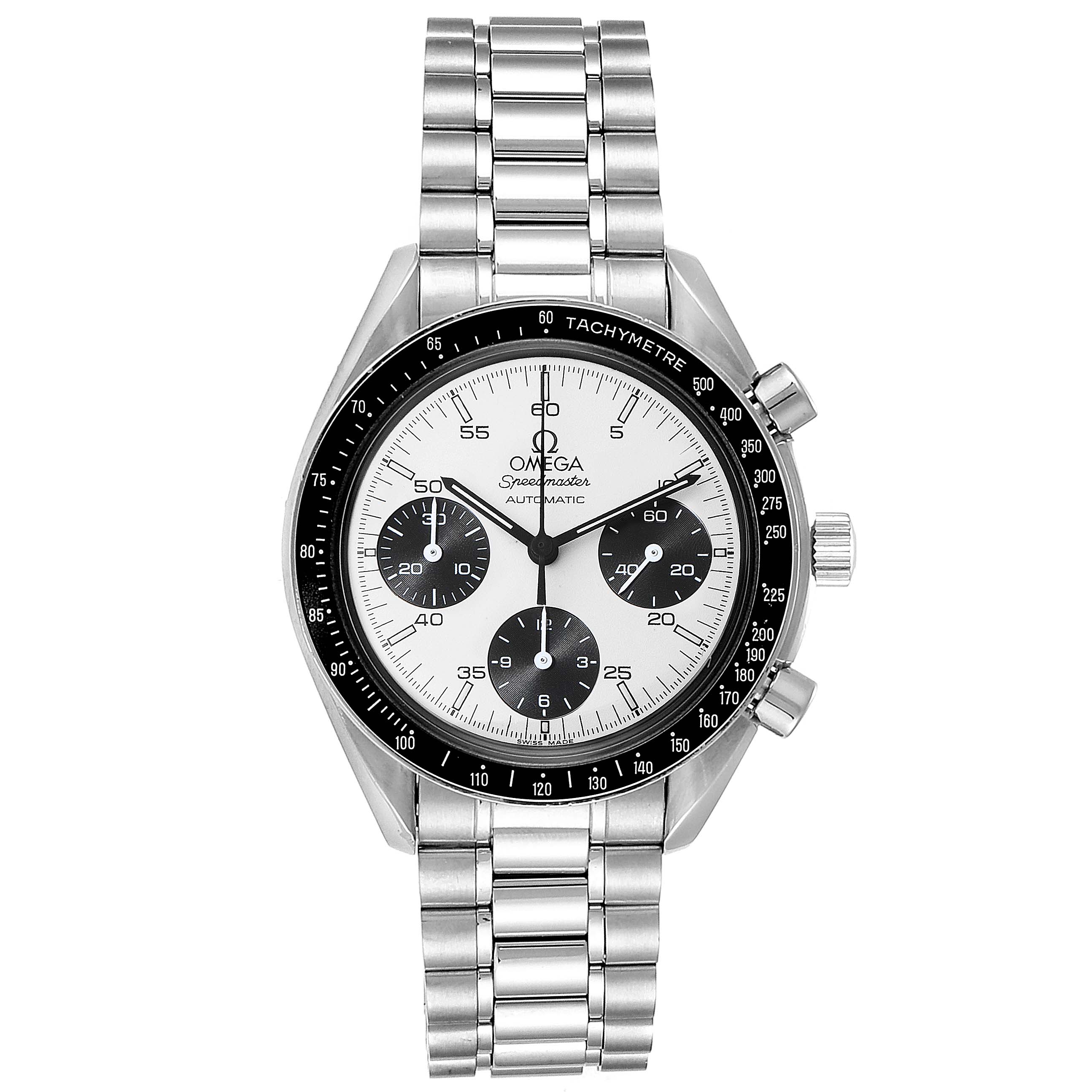 The image shows a front view of an Omega Speedmaster 3510.20.00 Men
s Stainless Steel White Dial 3510.20.00 Men
s Stainless Steel White Dial watch, featuring a stainless steel bracelet and a white dial with black sub-dials.