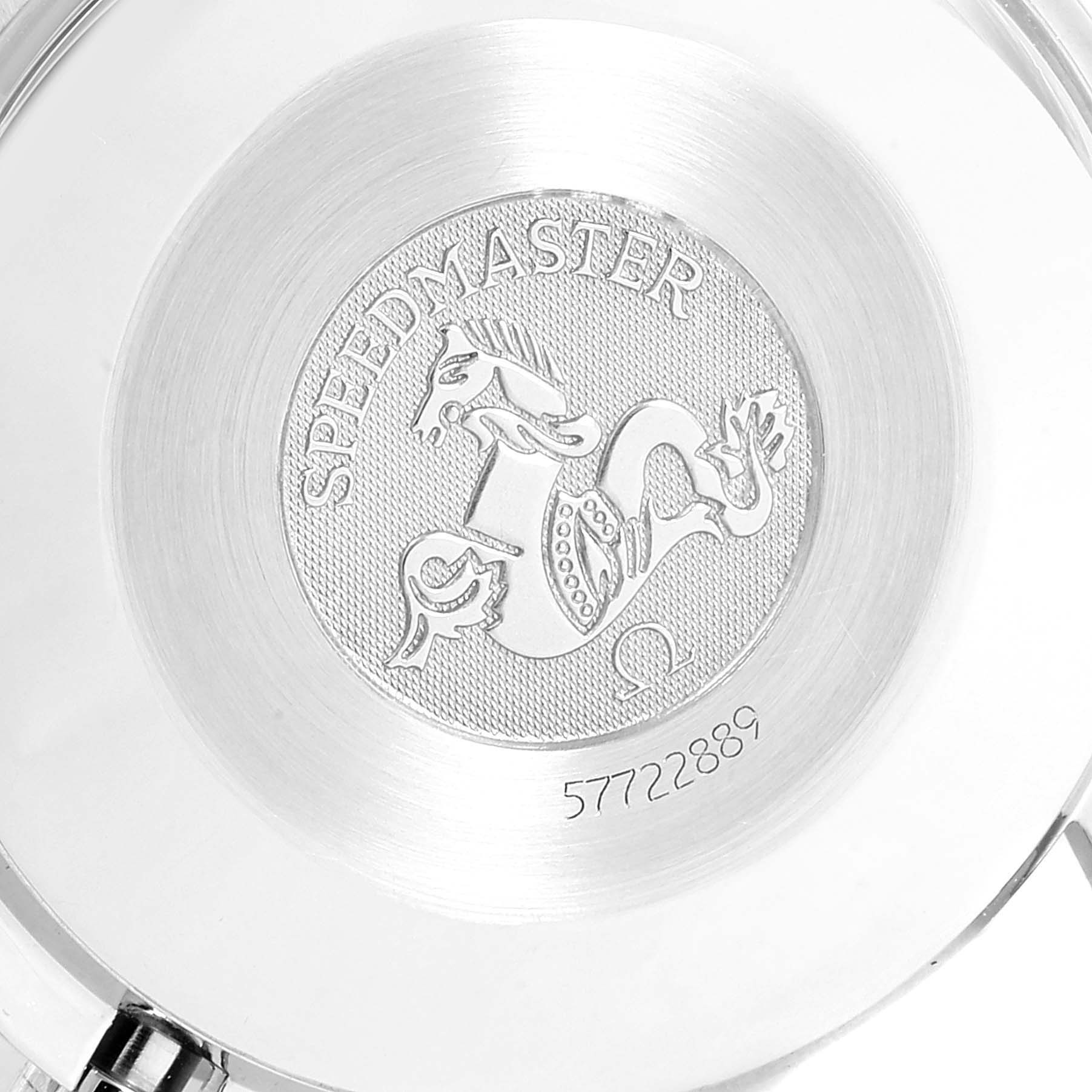 This image shows the engraved case back of an Omega Speedmaster 3510.20.00 Men
s Stainless Steel White Dial 3510.20.00 Men
s Stainless Steel White Dial watch.