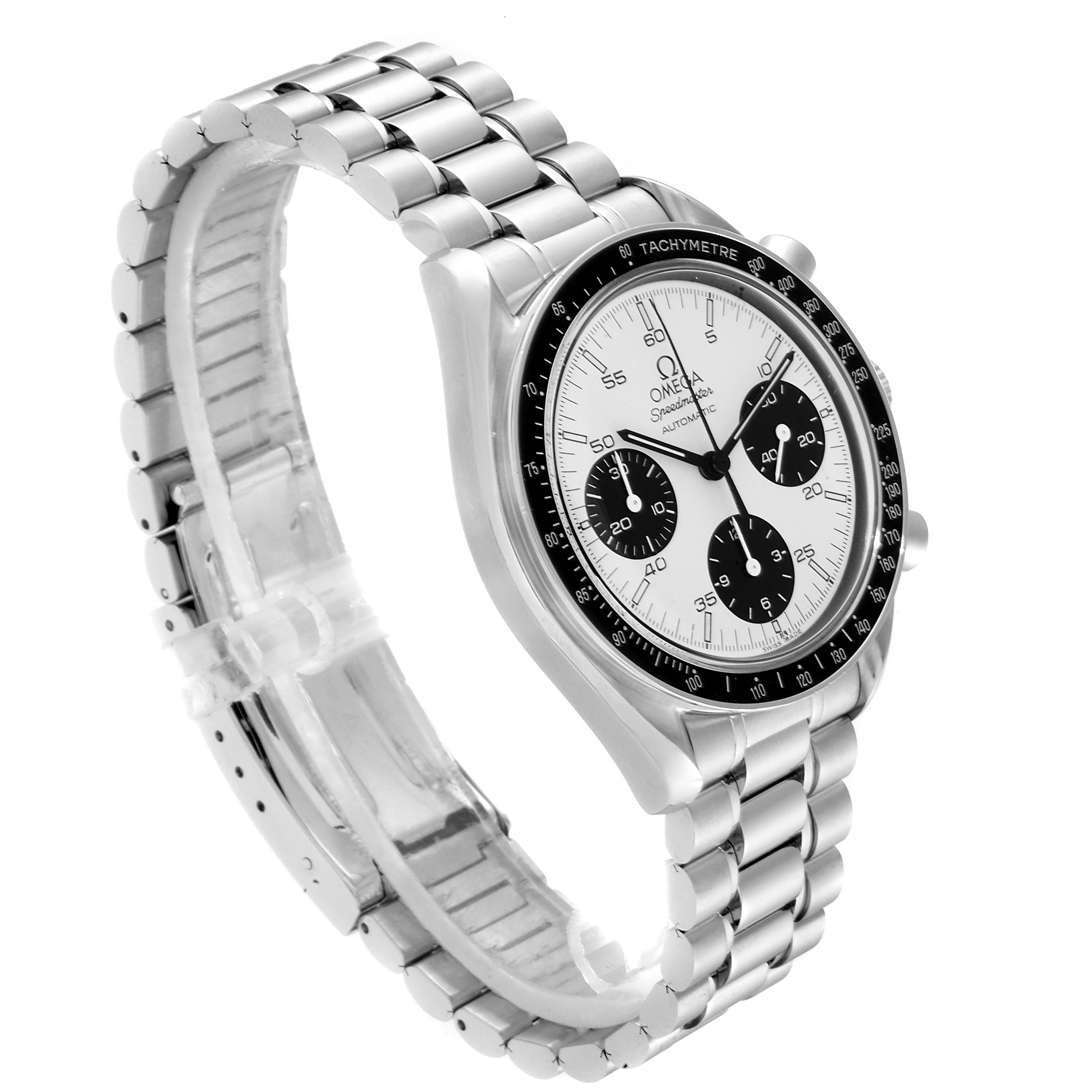 The image shows the Omega Speedmaster 3510.20.00 Men
s Stainless Steel White Dial 3510.20.00 Men
s Stainless Steel White Dial watch at a three-quarter angle, highlighting its dial, bezel, buttons, and metal bracelet.
