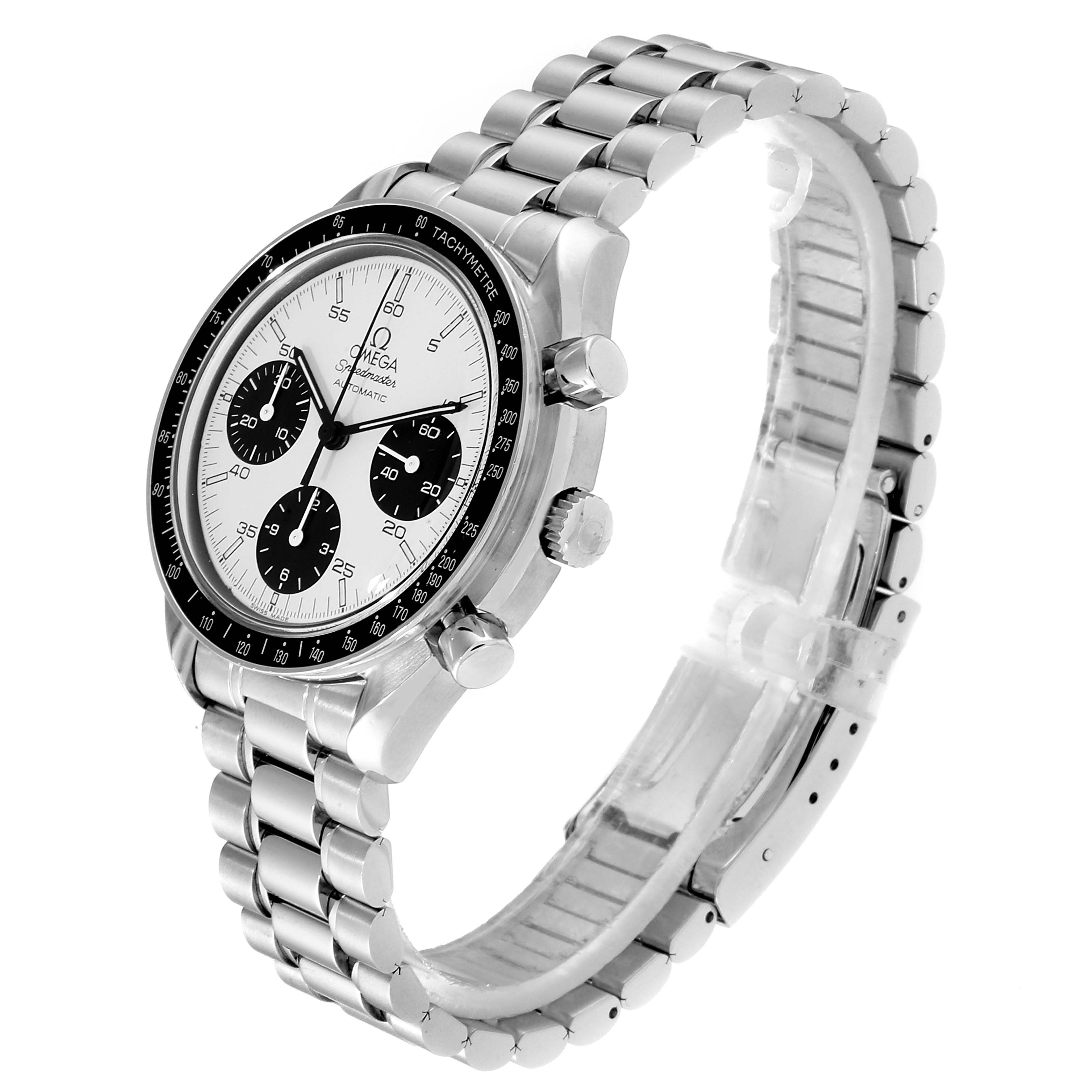 The image shows a side angle of the Omega Speedmaster 3510.20.00 Men
s Stainless Steel White Dial 3510.20.00 Men
s Stainless Steel White Dial watch, highlighting its stainless steel bracelet, bezel, and chronograph sub-dials.