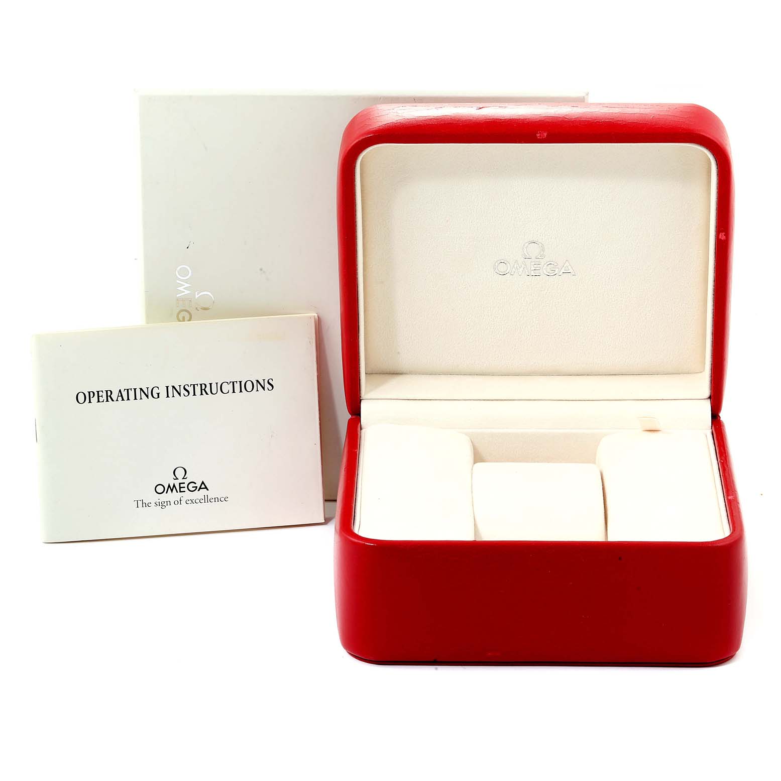 This image shows an open Omega Speedmaster 3510.20.00 Men
s Stainless Steel White Dial 3510.20.00 Men
s Stainless Steel White Dial watch box with operating instructions and an outer cardboard box.