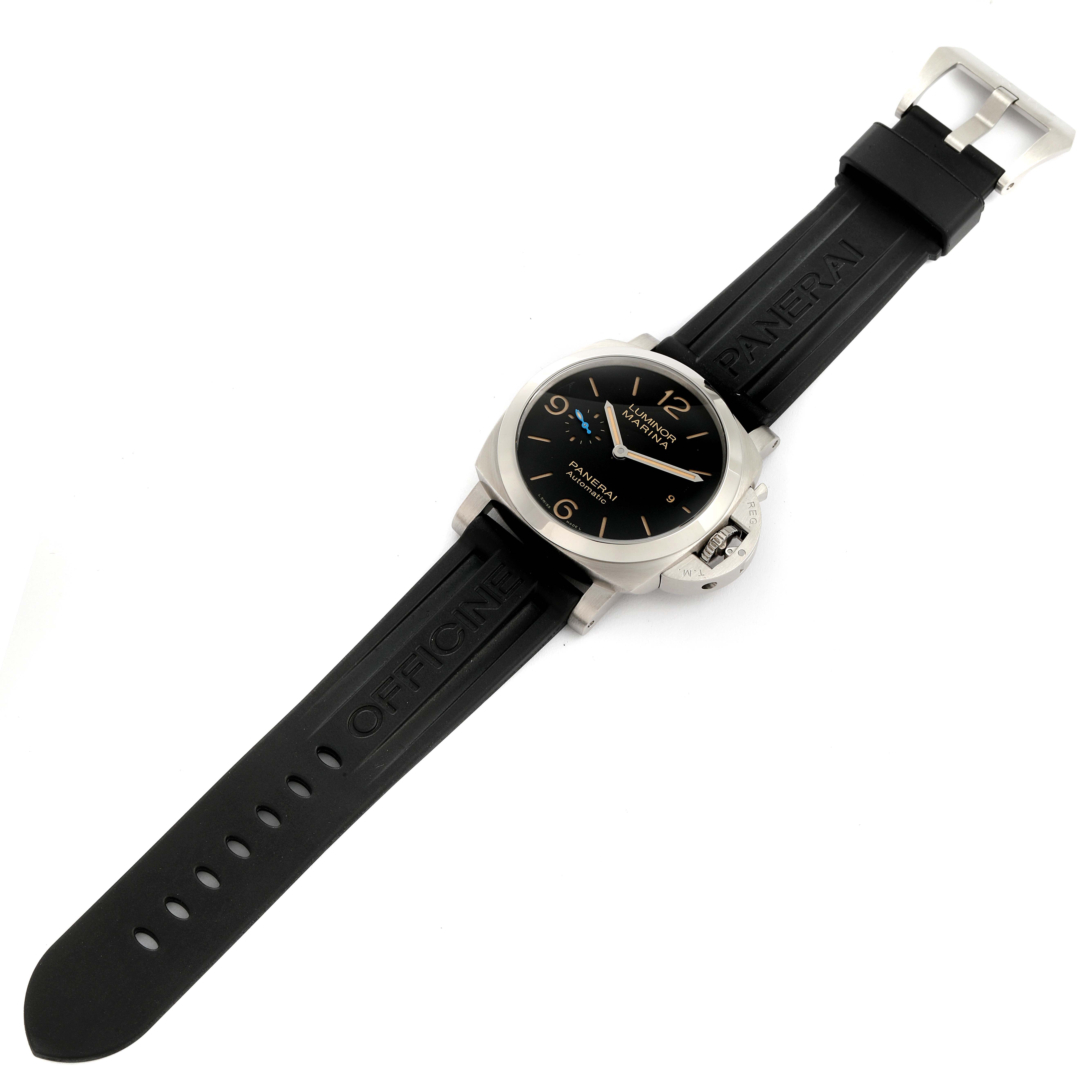 The Panerai Luminor PAM01392 Men's Stainless Steel Black Dial PAM01392 Men's Stainless Steel Black Dial watch is shown from a top-down angle displaying the dial, bezel, case, crown, and black strap.