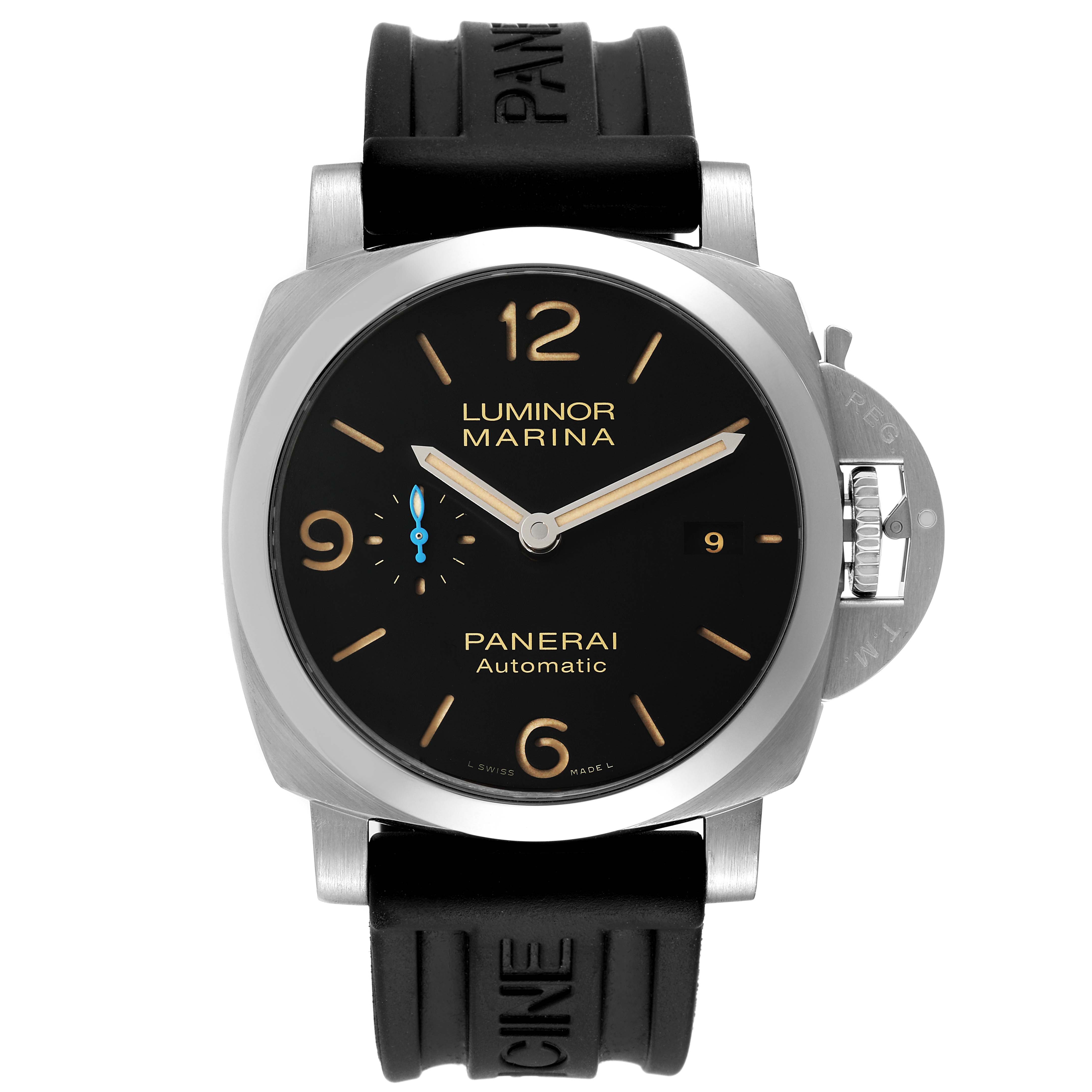 The image shows a front view of a Panerai Luminor PAM01392 Men's Stainless Steel Black Dial PAM01392 Men's Stainless Steel Black Dial Marina watch, highlighting the dial, hands, and strap.