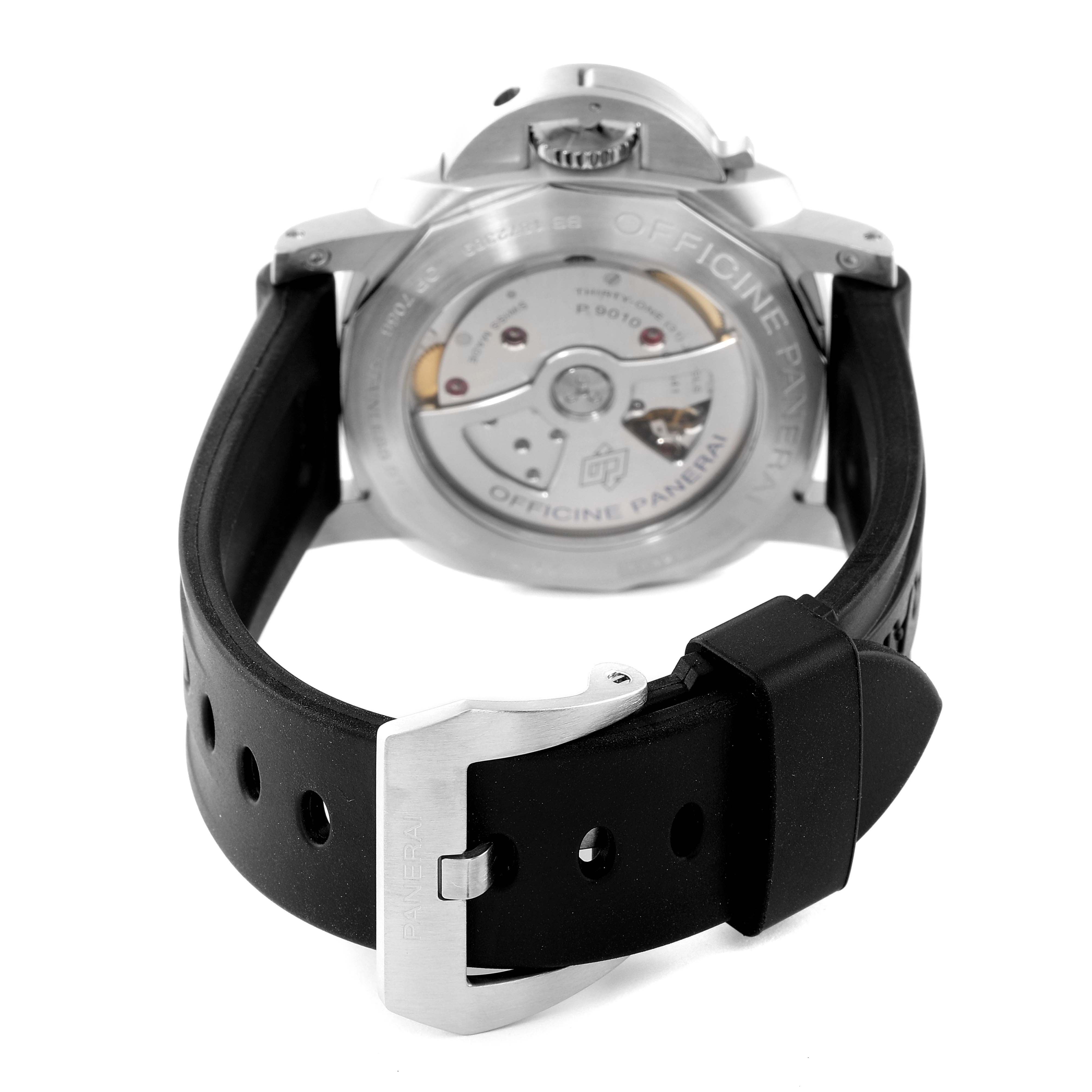 The image shows the back view of a Panerai Luminor PAM01392 Men's Stainless Steel Black Dial PAM01392 Men's Stainless Steel Black Dial watch, including its movement, black strap, and buckle.