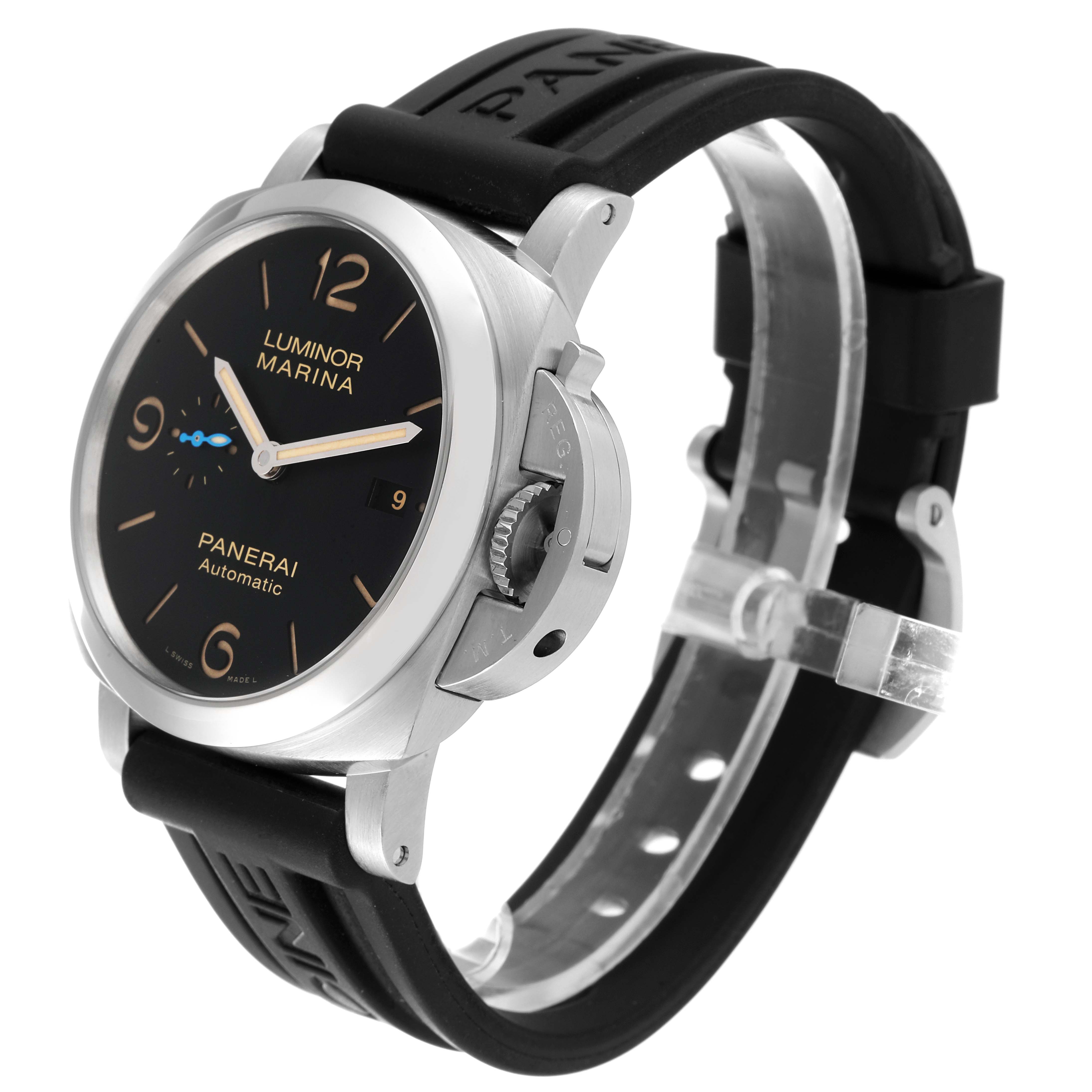 The image shows a Panerai Luminor PAM01392 Men's Stainless Steel Black Dial PAM01392 Men's Stainless Steel Black Dial model watch from a three-quarter view, highlighting its black dial and rubber strap.
